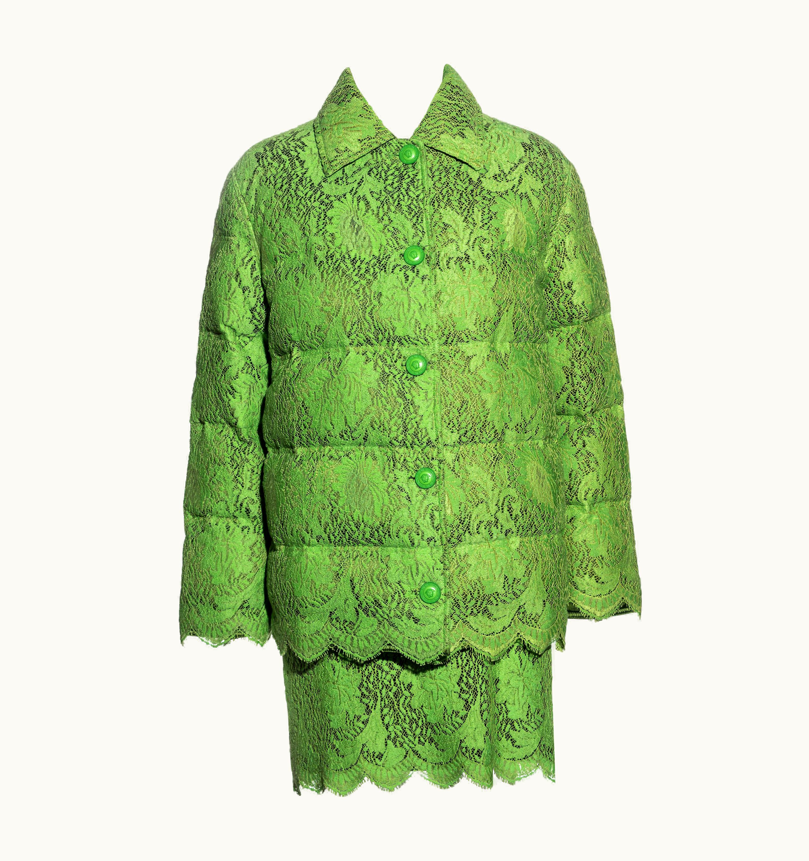 Gianni Versace Couture Gianni Versace Lime Green Lace Goose Down Puffer Jacket And Skirt Set, AW 1996