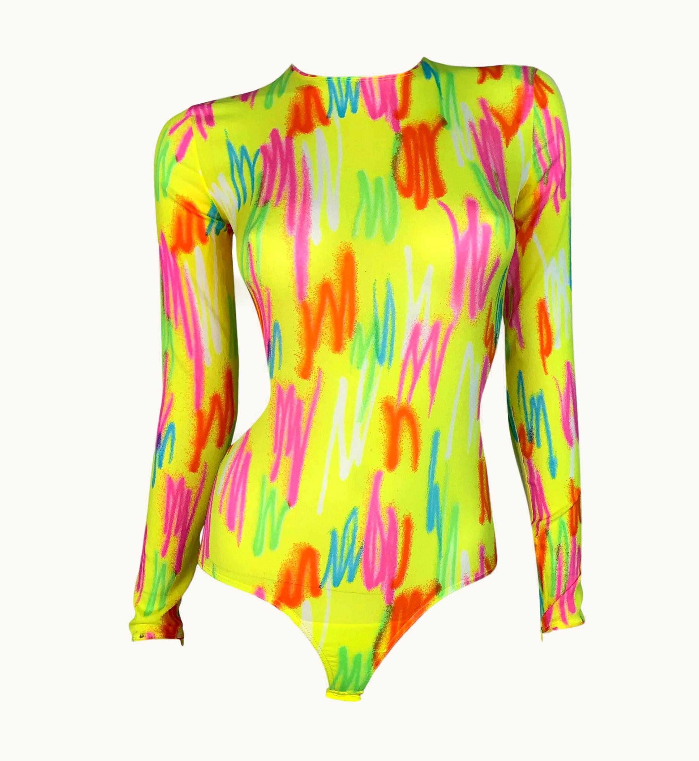 Gianni Versace Couture S/S 1996 Gianni Versace Sheer Neon Yellow Pink Green Spray Paint Silk Bodysuit