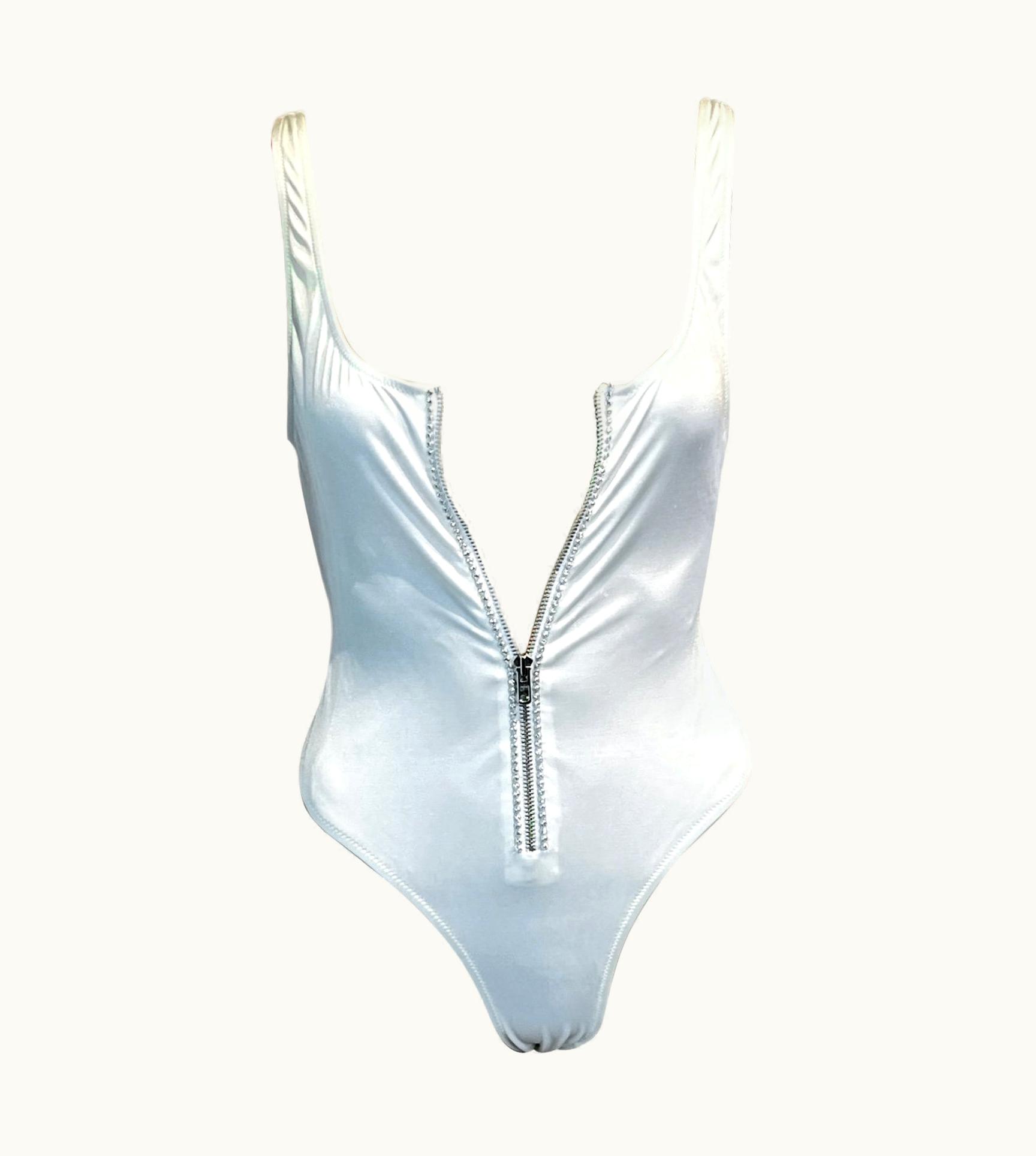 Gianni Versace Couture Gianni Versace S/S 1996 Vintage Crystal Zipper White Bodysuit Swimwear Swimsuit