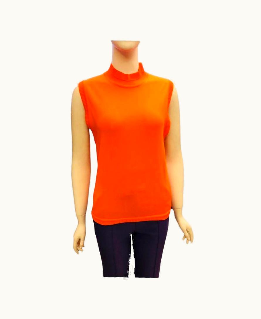 Gianni Versace Couture Neon Orange Rayon Ribbed Mock Neck Sleeveless Top