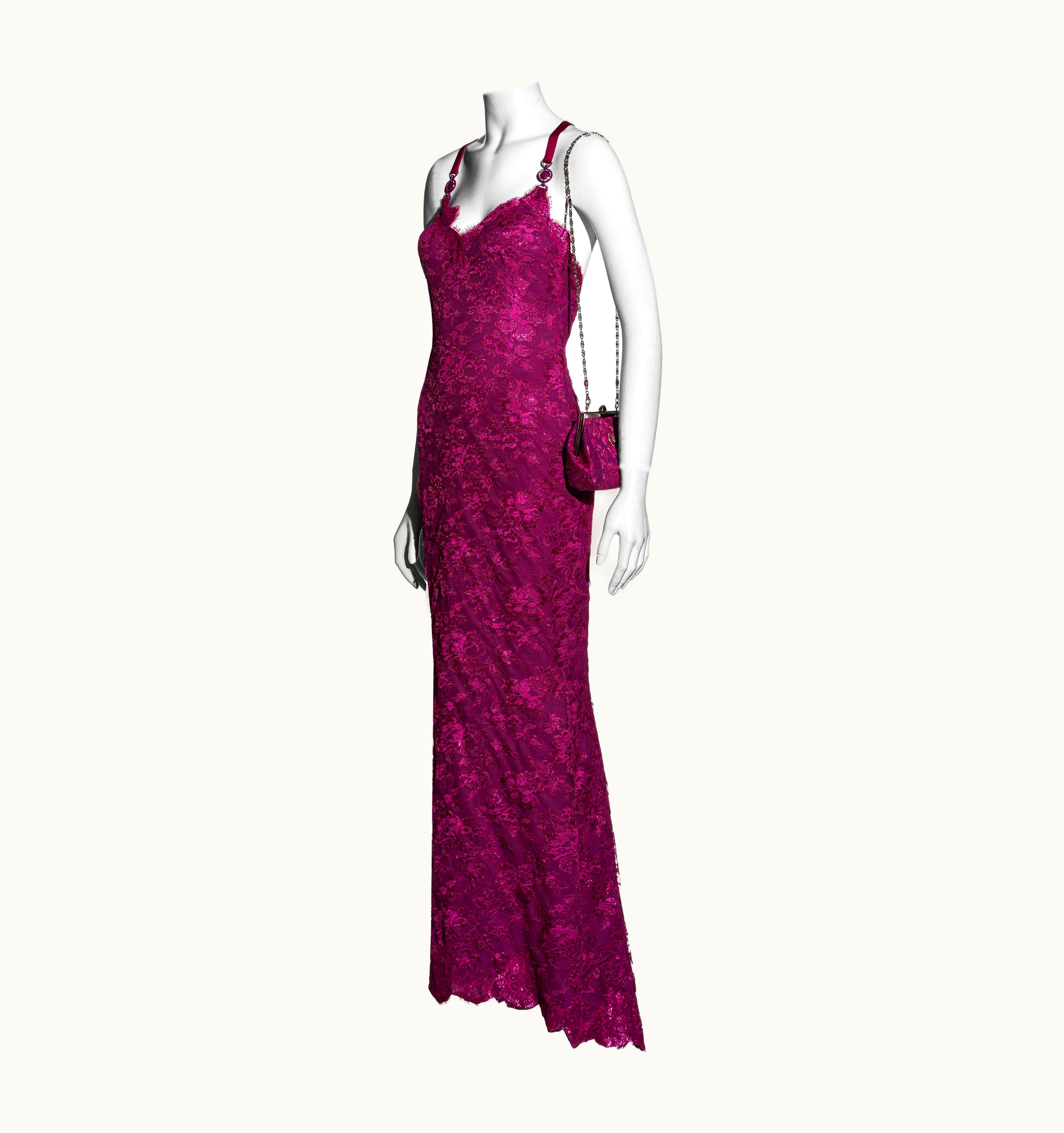 Versace Atelier Versace Haute Couture Magenta Pink Lace Evening Dress And Purse, S/S 1996