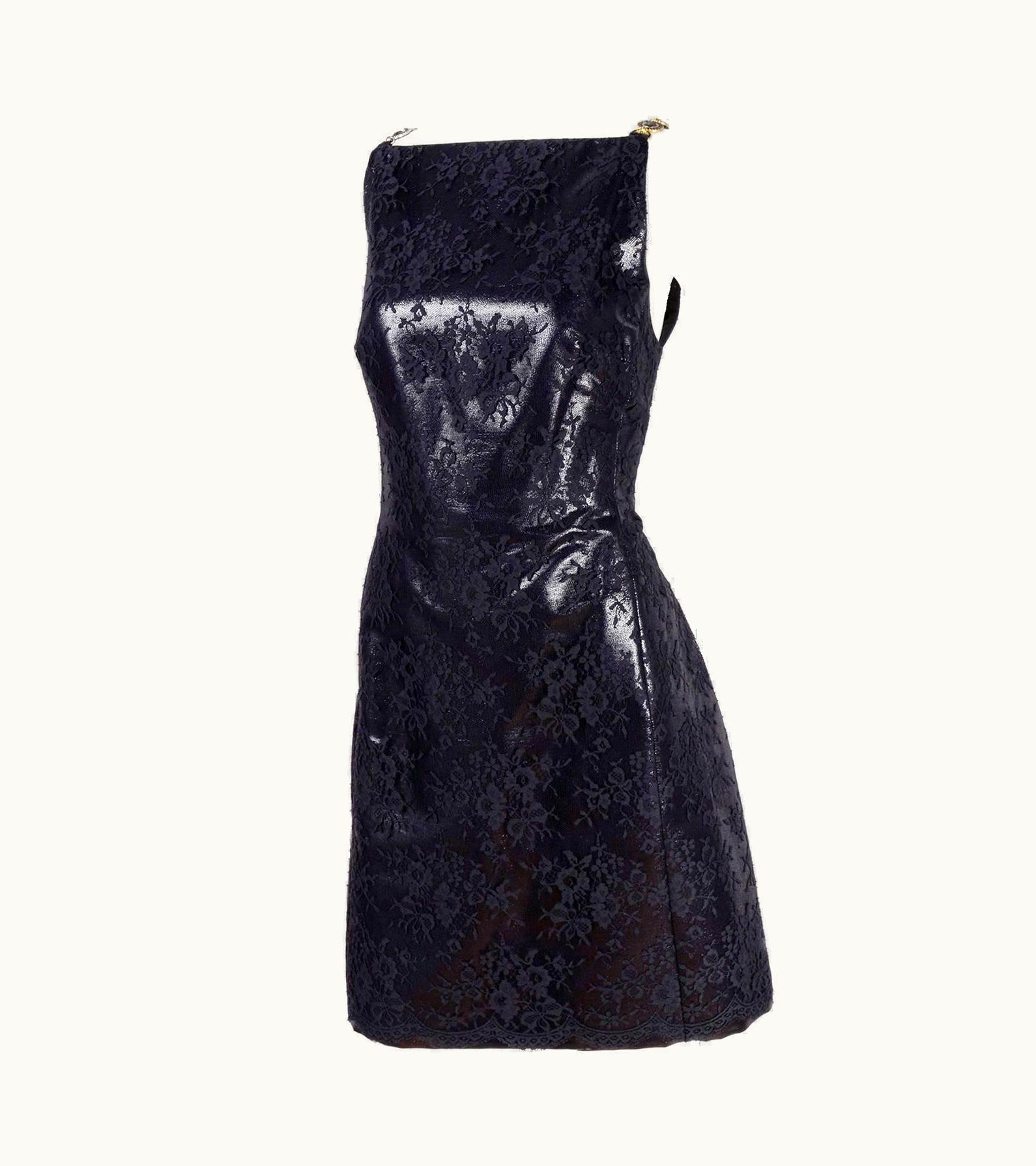 Gianni Versace Couture 1996 Deadstock Gianni Versace Black Lace Metallic Dress W Medusa Buckles & Tags