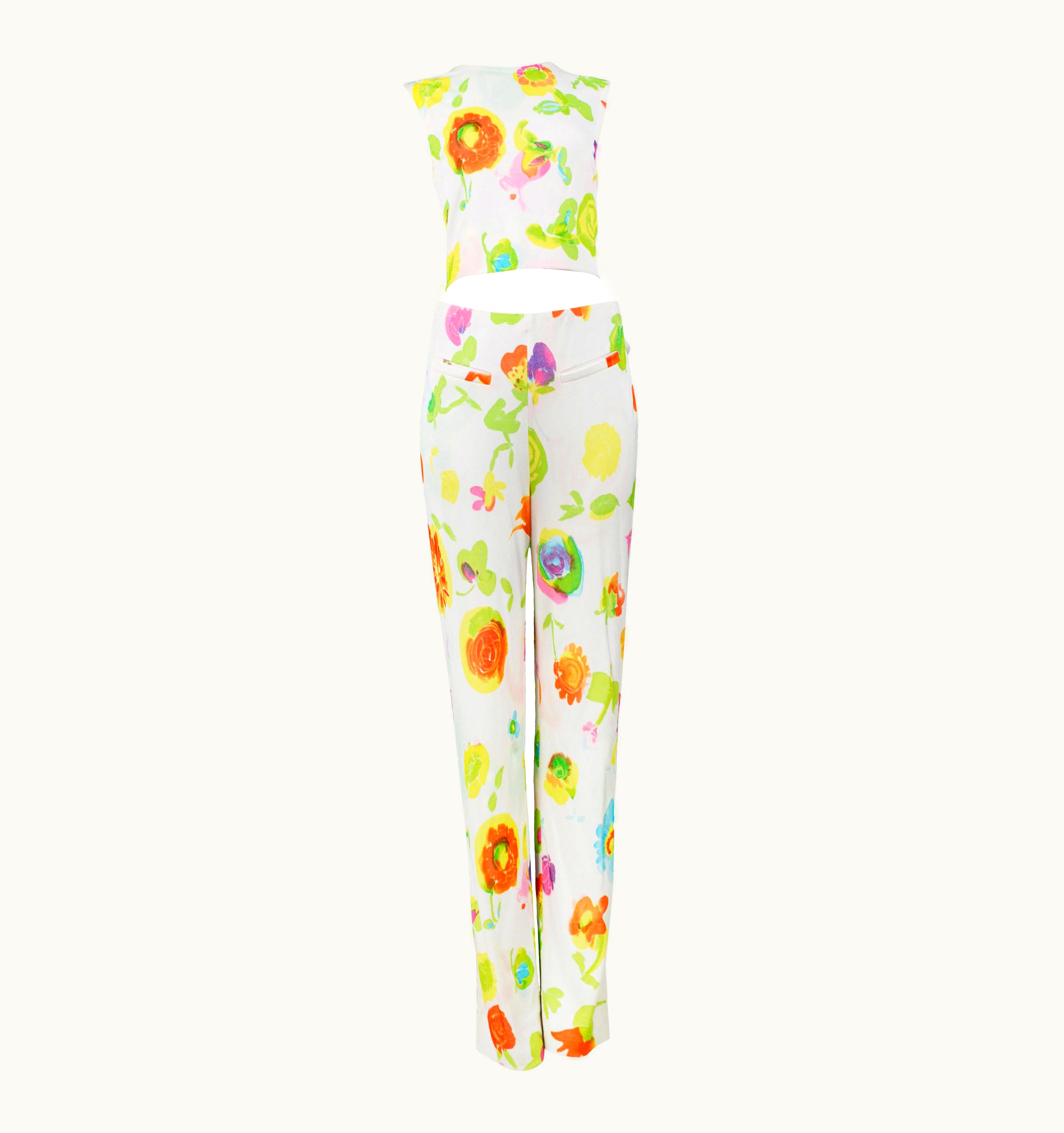 Versace 'Pop Art' Floral Crop Top & Hip Hugger Pants Runway Ensemble 1996