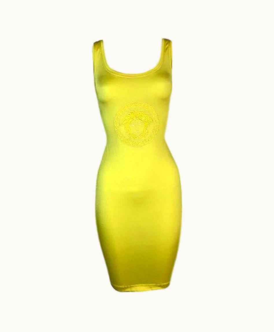 Gianni Versace Couture S/S 1996 Gianni Versace Neon Yellow Medusa Logo Bodycon Mini Dress UZ0578787