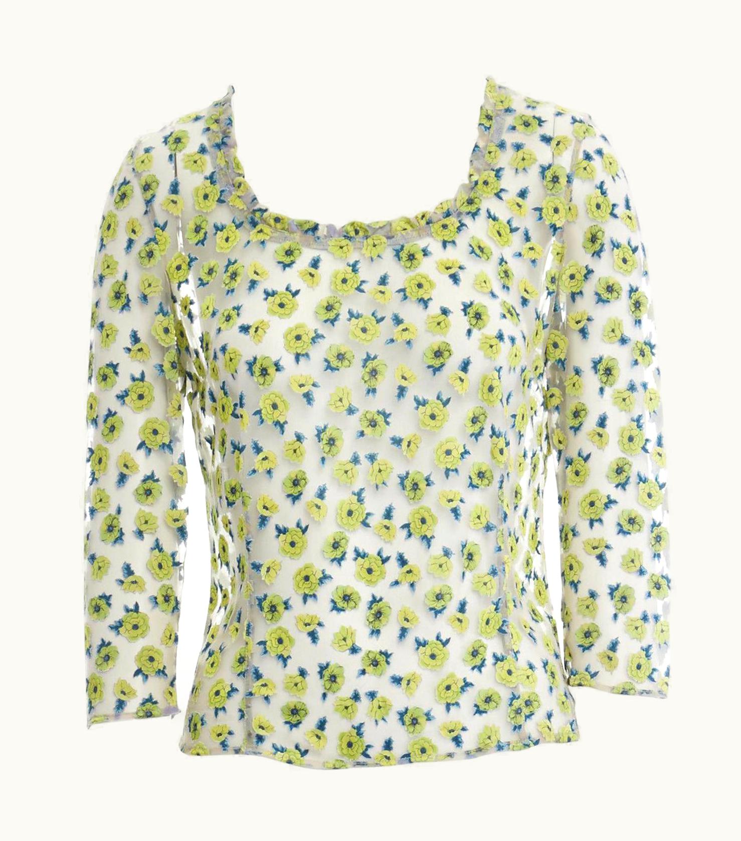 Gianni Versace Couture Gianni Versace Vintage S/S Green Floral Sheer Devore Cropped Sleeve Top