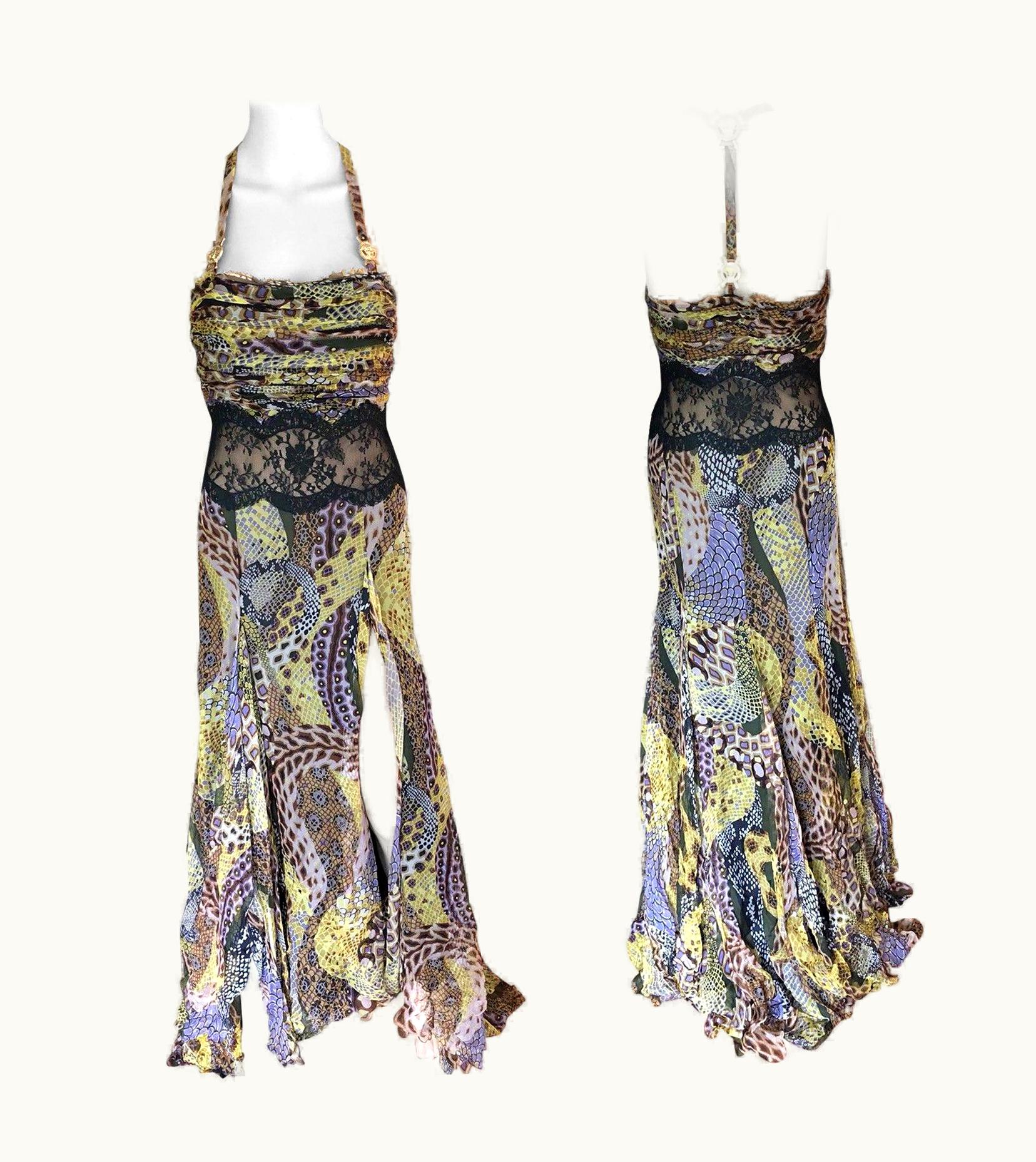 Versace AW 2005 Animal Print Sheer Lace Panel Open Back Evening Dress Gown UZ0578793