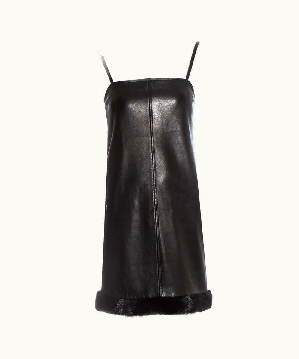 Gianni Versace Couture Gianni Versace Black Leather Mini Dress With Mink Fur Trim, AW 1997
