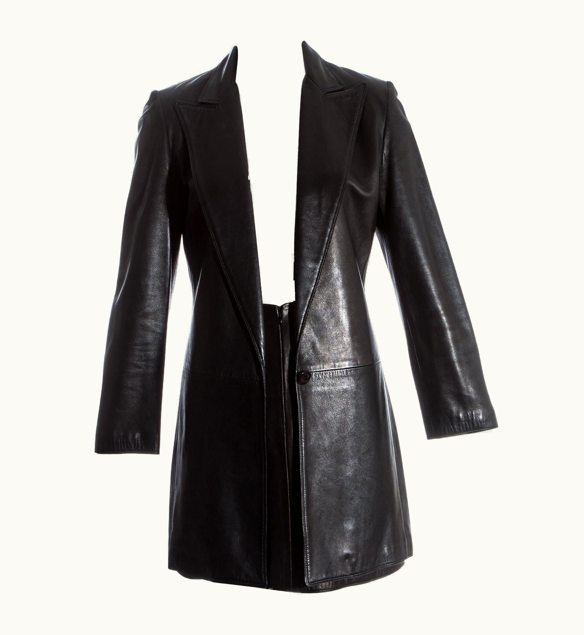 Gianni Versace Couture Gianni Versace Black Lambskin Leather Blazer Jacket And Skirt Suit, AW 1997