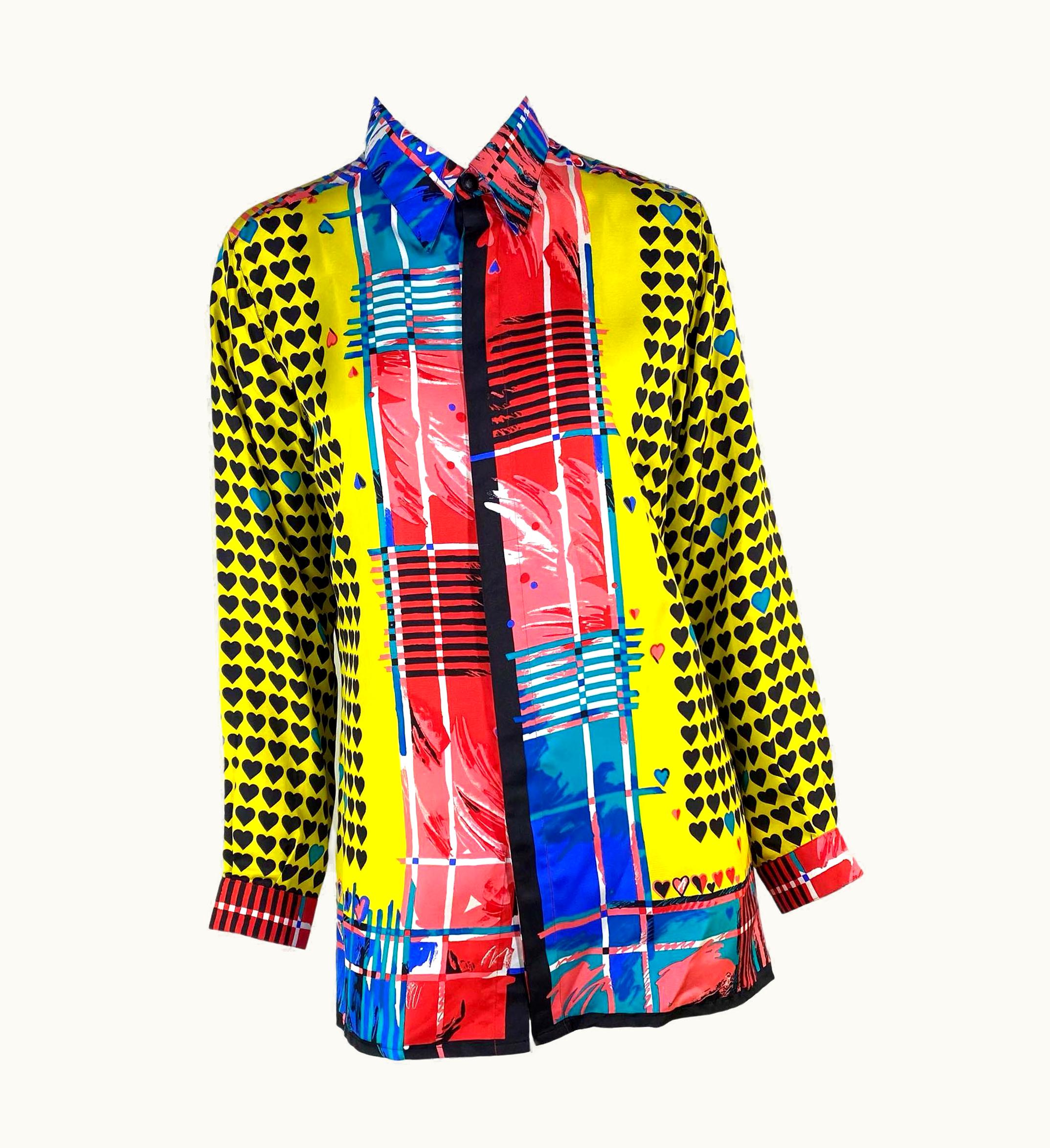 Gianni Versace Couture S/S 1997 Gianni Versace Couture Silk Medusa Pop Art Heart Print Mens Button Up