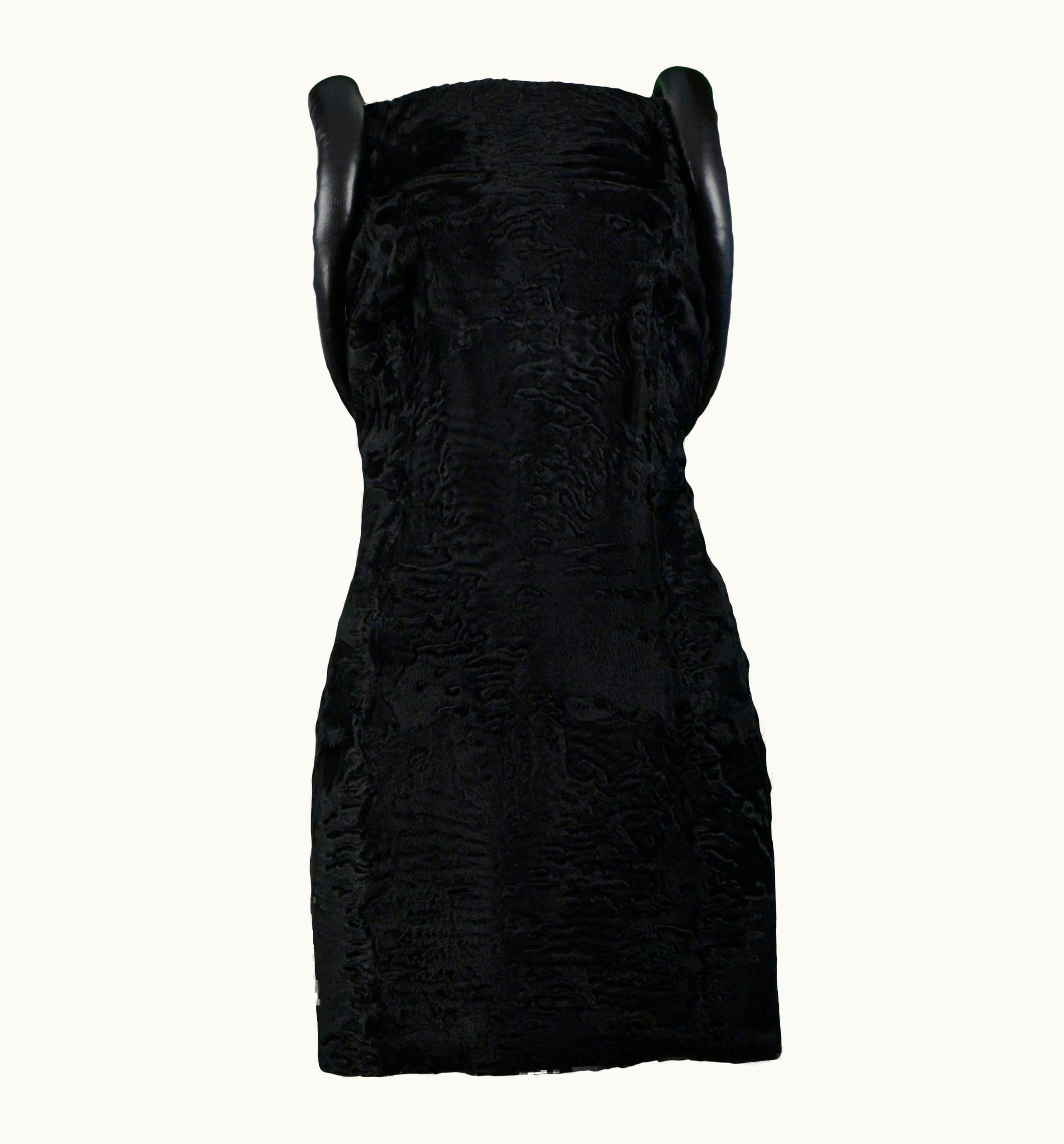 Versace Black Broadtail & Leather Couture Mini Dress 1997