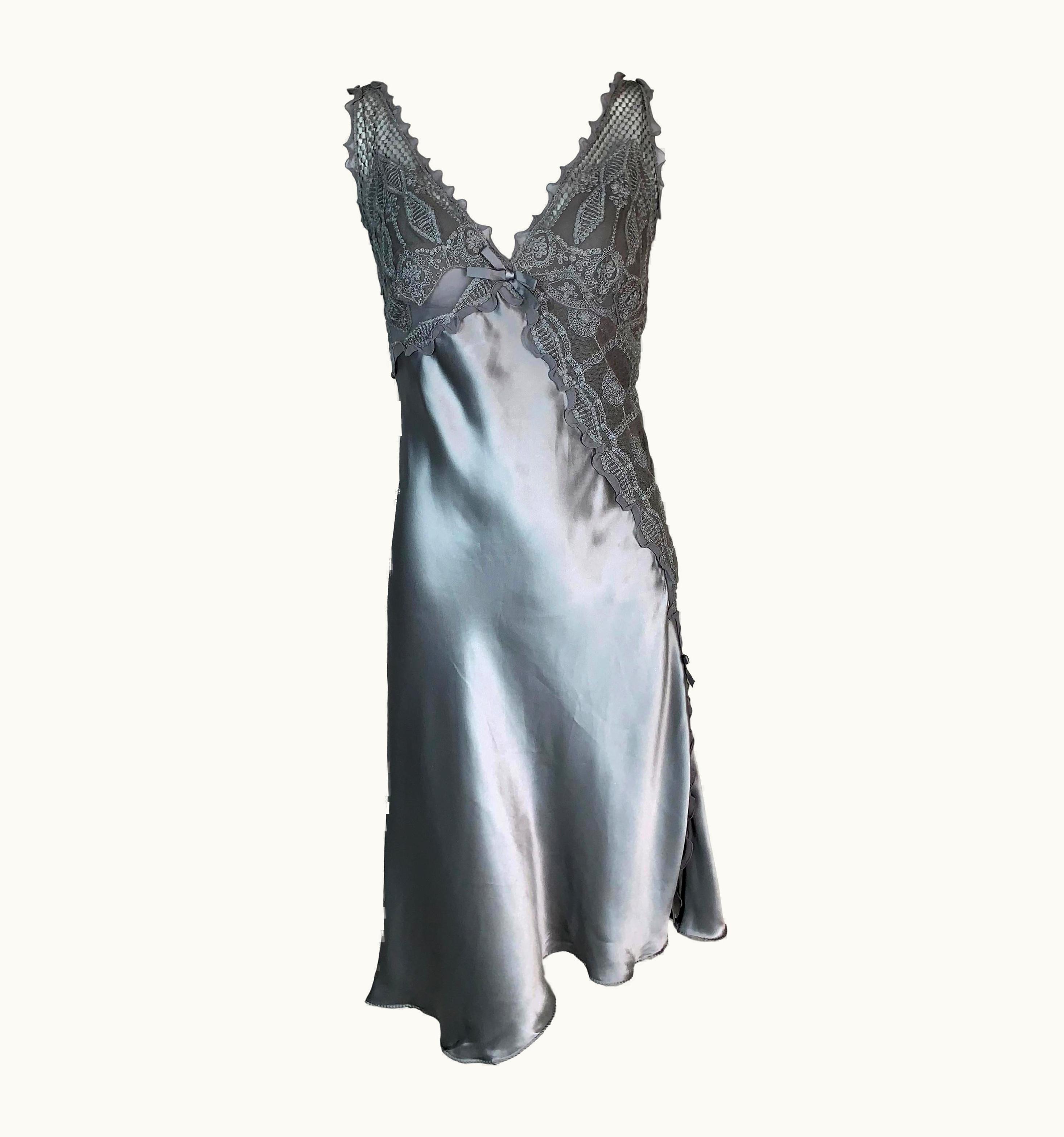 Gianni Versace Couture S/S 1997 Gianni Versace Silver Lace & Silk V-Neck Slip Dress