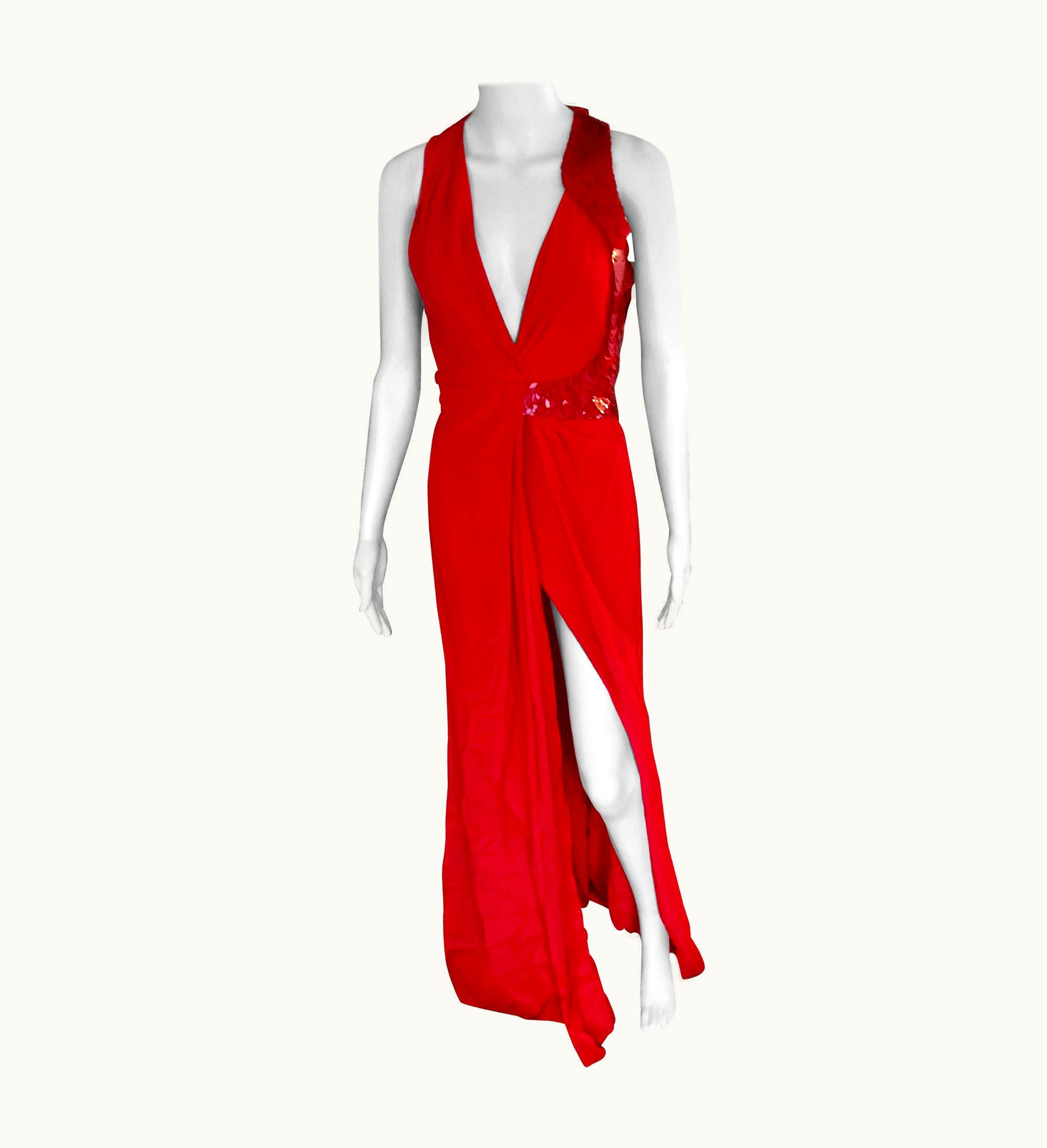 Versace Embellished Plunged Cutout Back Red Dress Gown