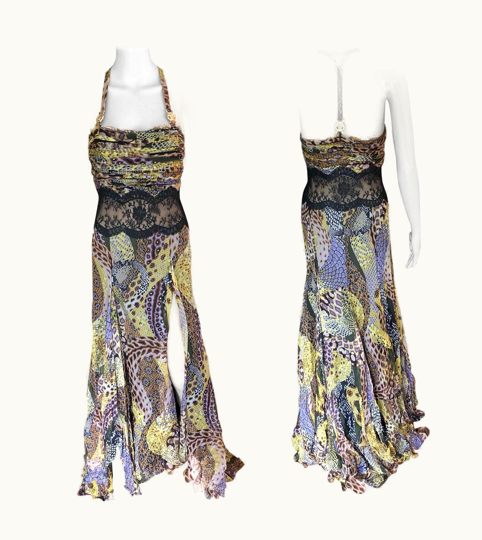 Versace Runway Sheer Lace Panel Open Back Dress Gown UZ0578819