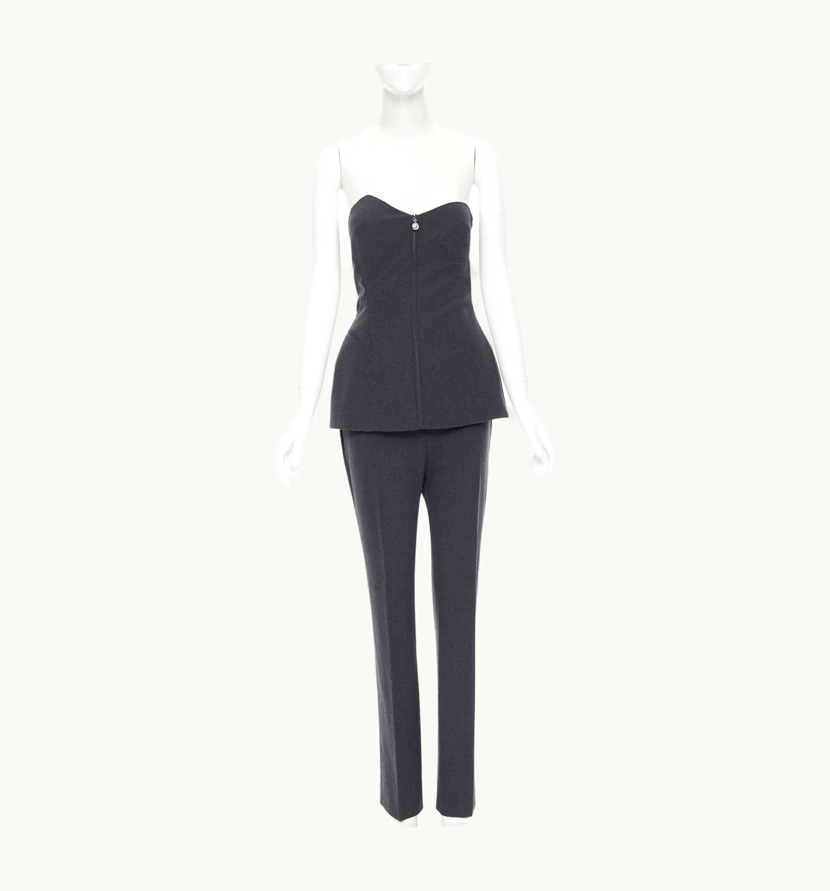 Gianni Versace Couture Vintage Gianni Versace 1998 Runway Grey Asymmetric Zip Bustier Set