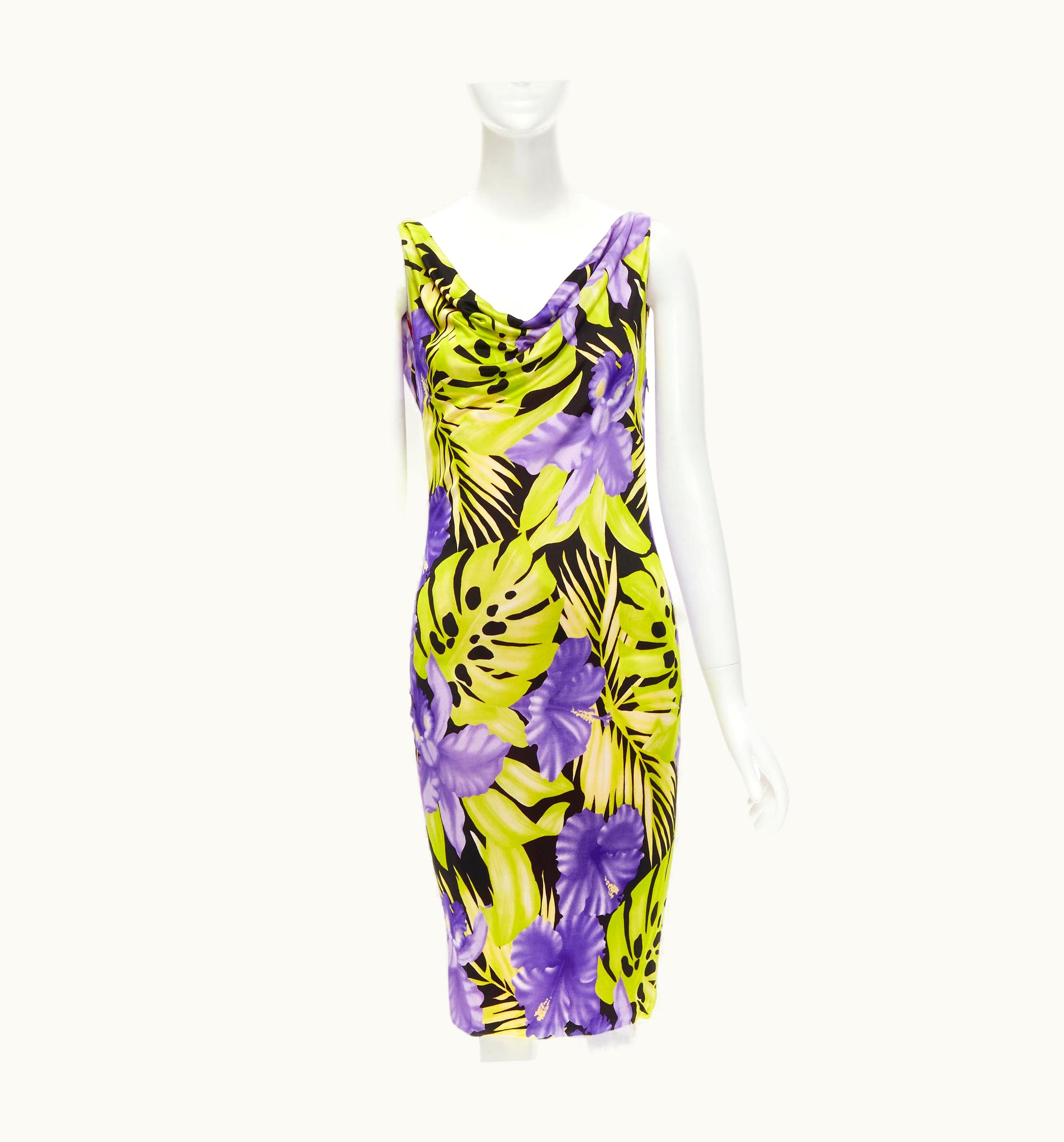Gianni Versace Couture Istante Gianni Versace 1998 Vintage Tropical Jungle Floral Draped Back Dress
