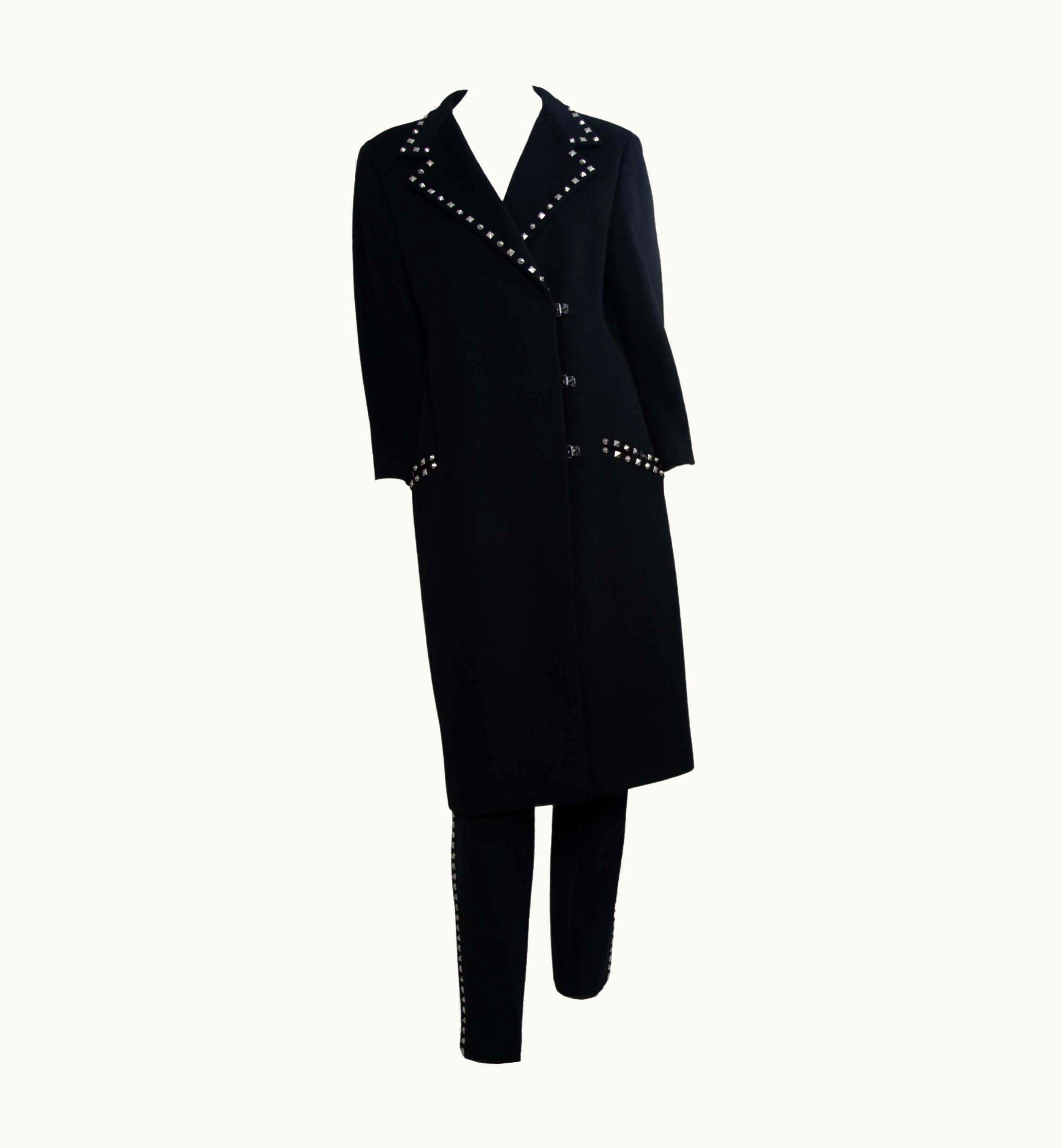 Gianni Versace Couture AW 1998 Gianni Versace By Donatella Studded Wool Overcoat & Pant Set