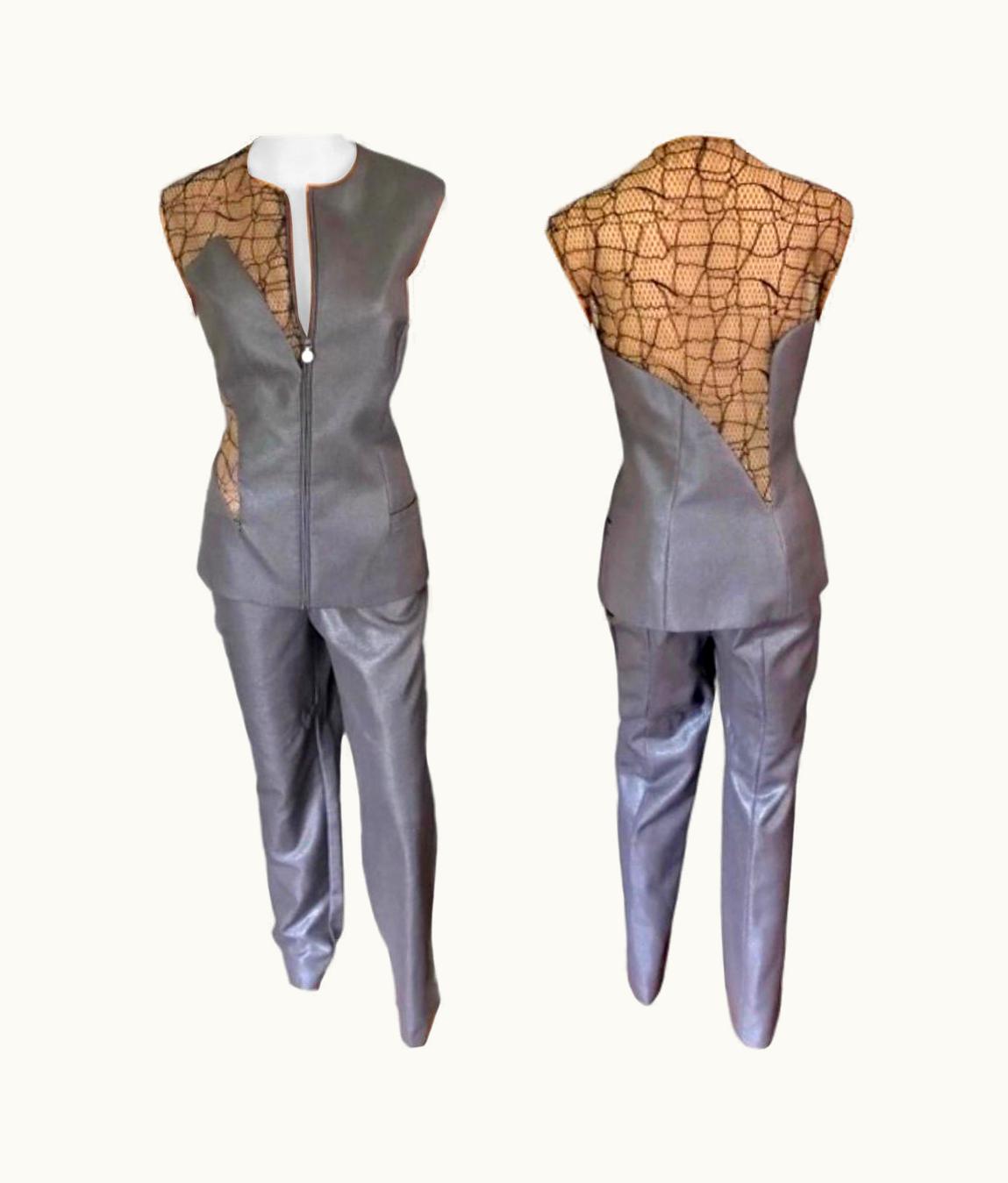 Gianni Versace Couture Gianni Versace S/S 1998 Runway Sheer Cutout Panels Top & Pants Suit 2 Piece Set