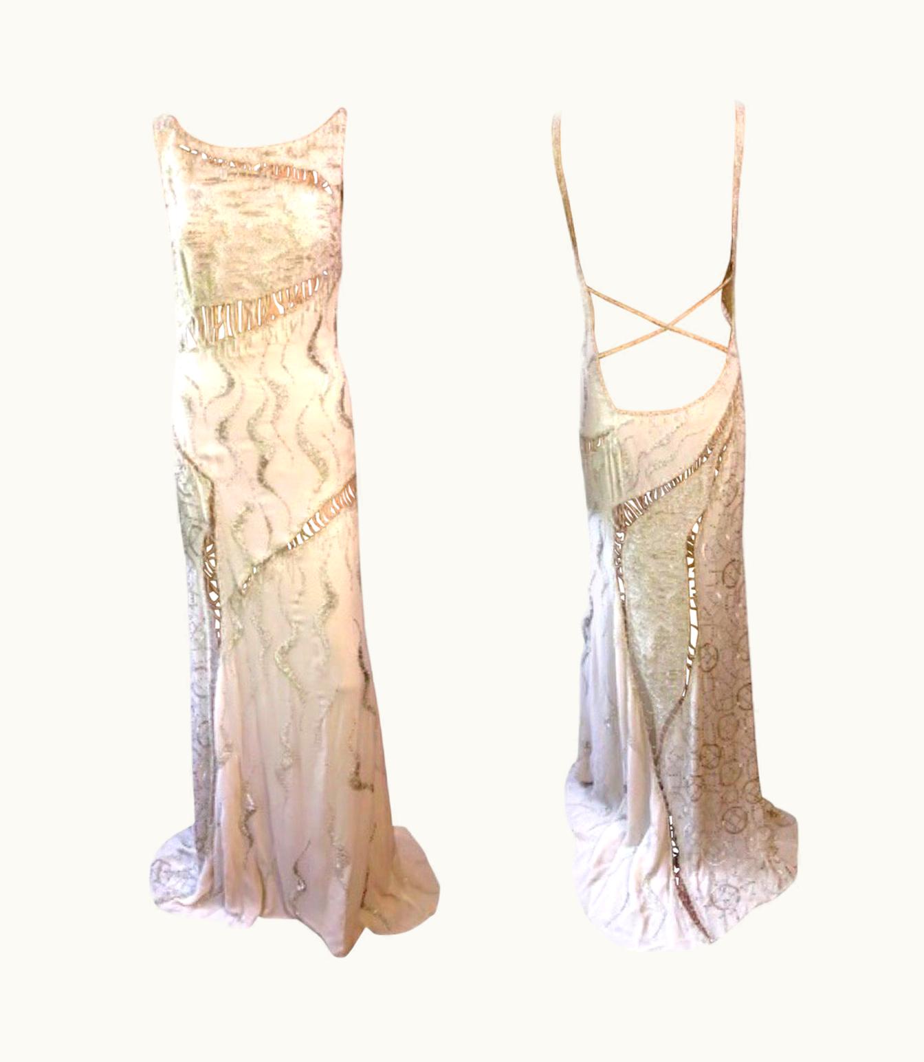Versace Atelier Versace Couture AW 1998 Runway Embellished Sheer Cutout Gown Maxi Dress