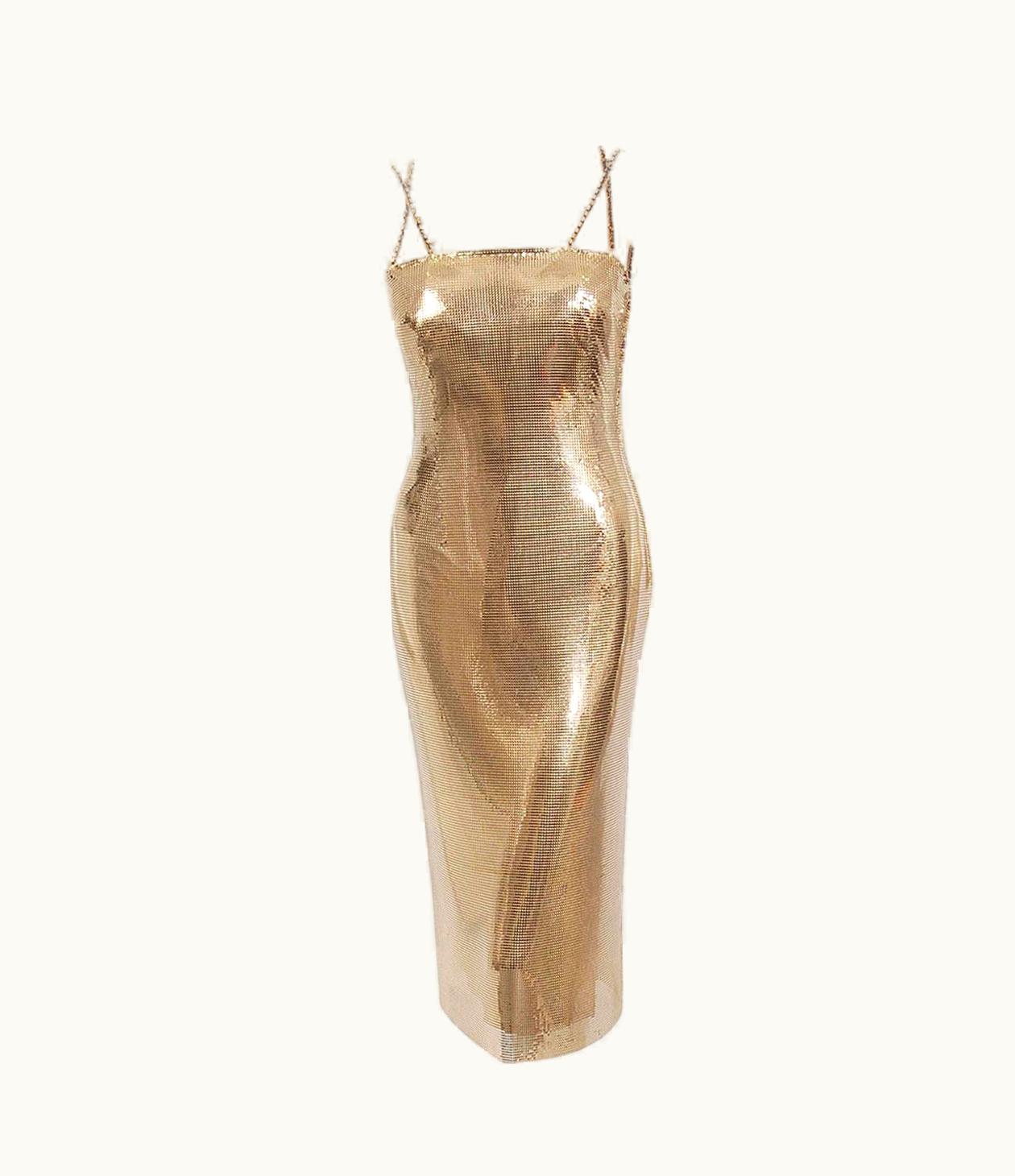 Gianni Versace Couture Vintage 1998 Gianni Versace Couture Documented Gold Metal Mesh Hourglass Dress
