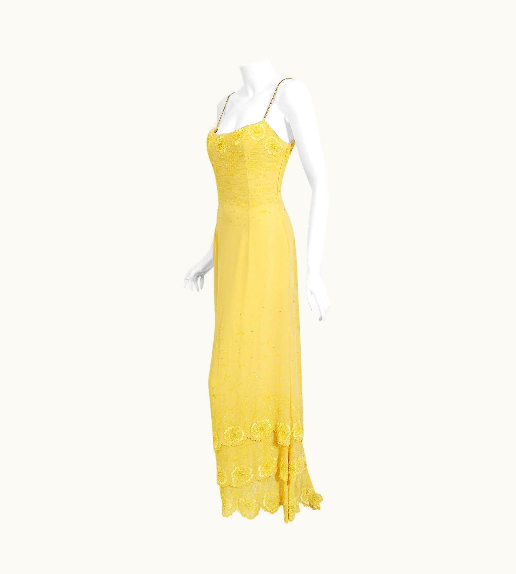 Versace Vintage 1998 Versace Couture Beaded Yellow Silk Chiffon Hourglass Gown & Wrap