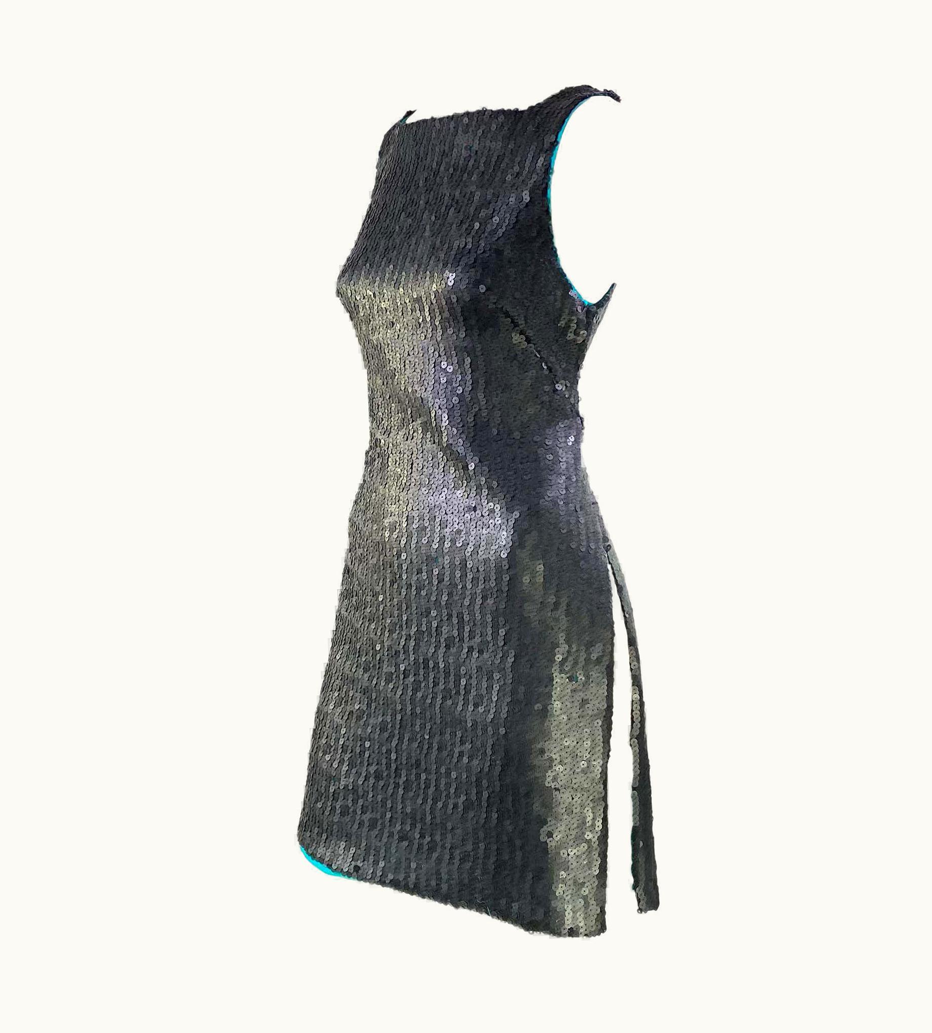 Gianni Versace Couture AW 1999 Gianni Versace By Donatella Matte Sequin Tunic Dress Teal Lining