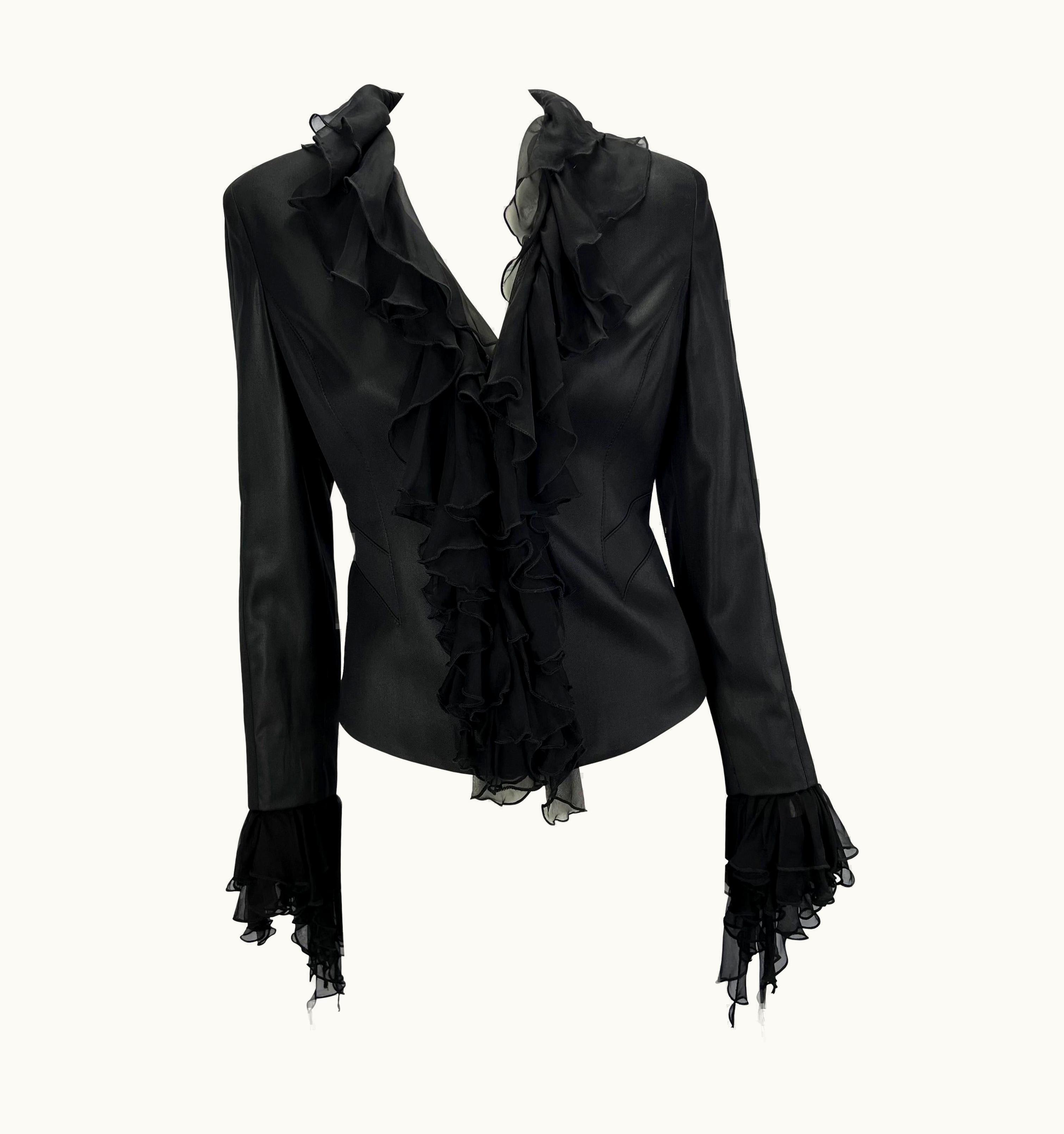 Gianni Versace Couture AW 1999 Gianni Versace By Donatella Ruffle Silk Chiffon Black Blazer Y2k