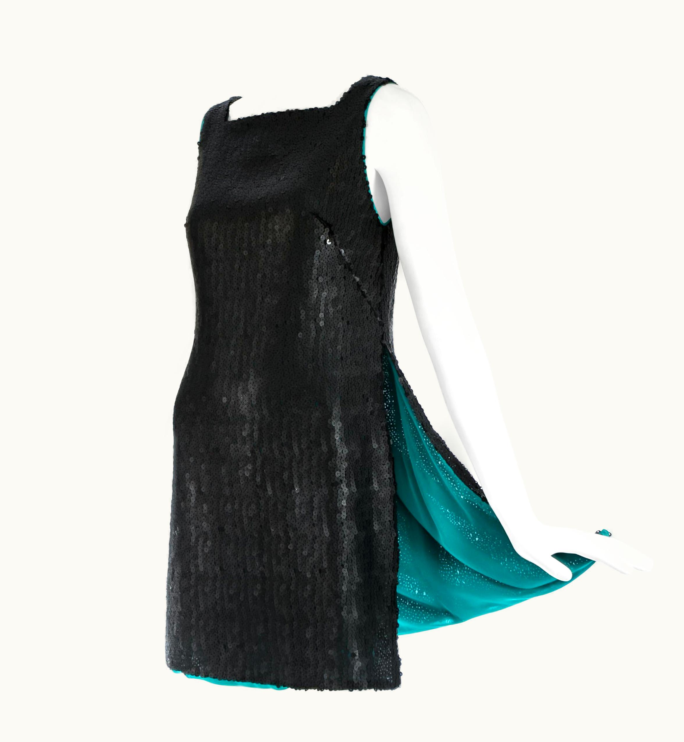 Gianni Versace Couture Gianni Versace Black Sequin Mini Dress S/S Tunic With High Side Slits, AW 1999