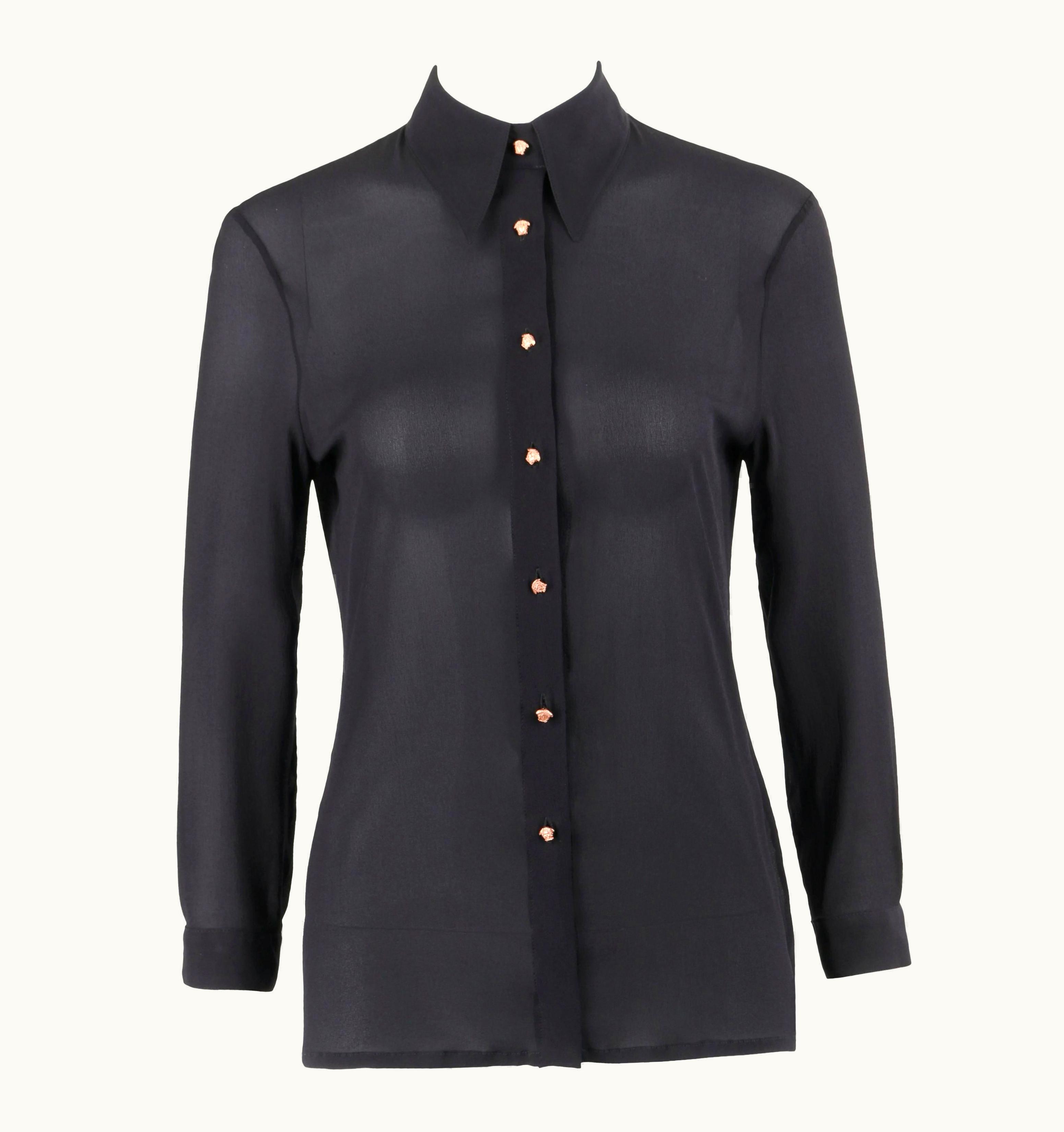 Gianni Versace Couture S/S 1999 Black Silk Chiffon Medusa Head Button Up Shirt