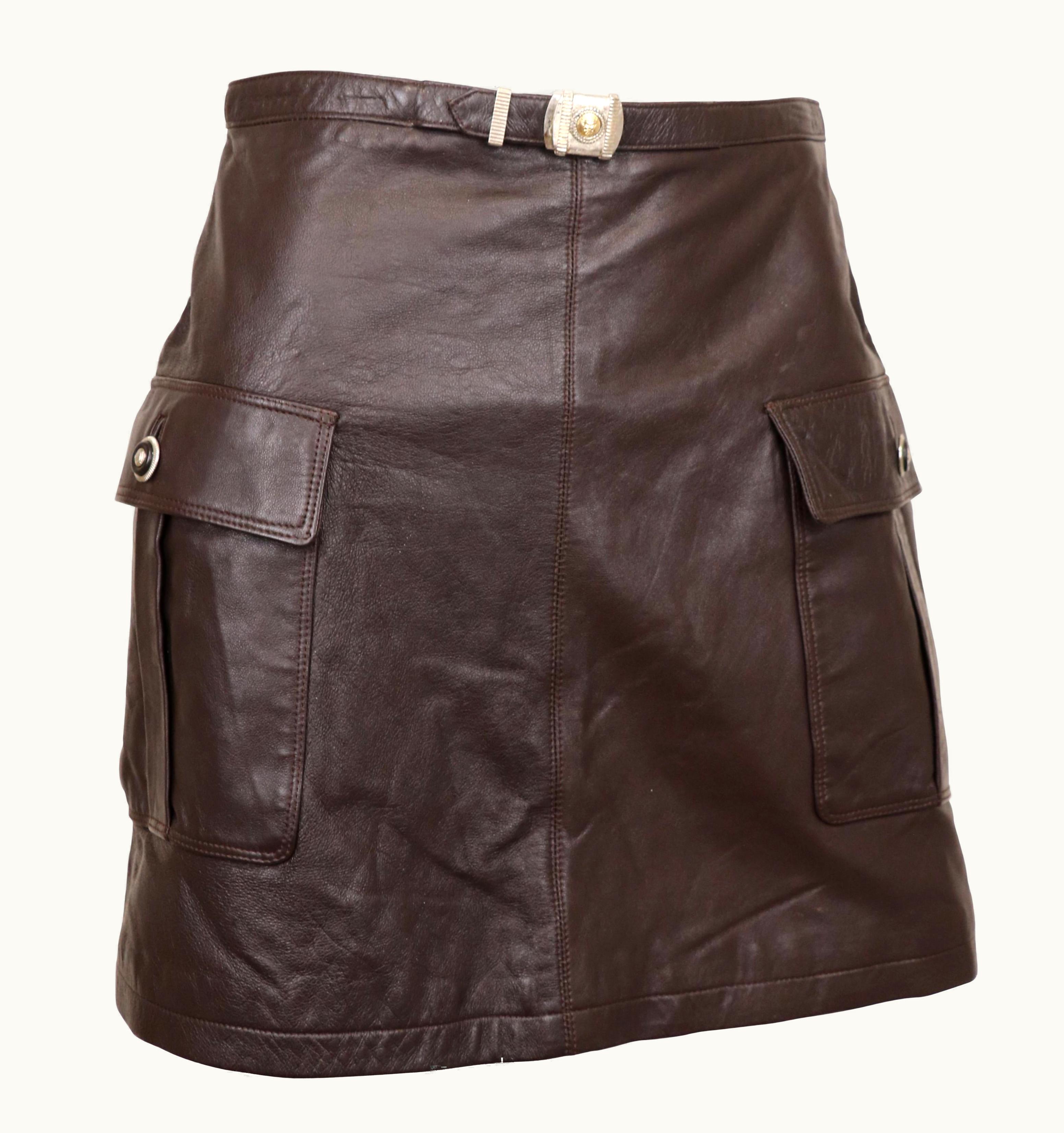 Versace Istante By Versace Zeus Buckle Brown Leather Mini Skirt