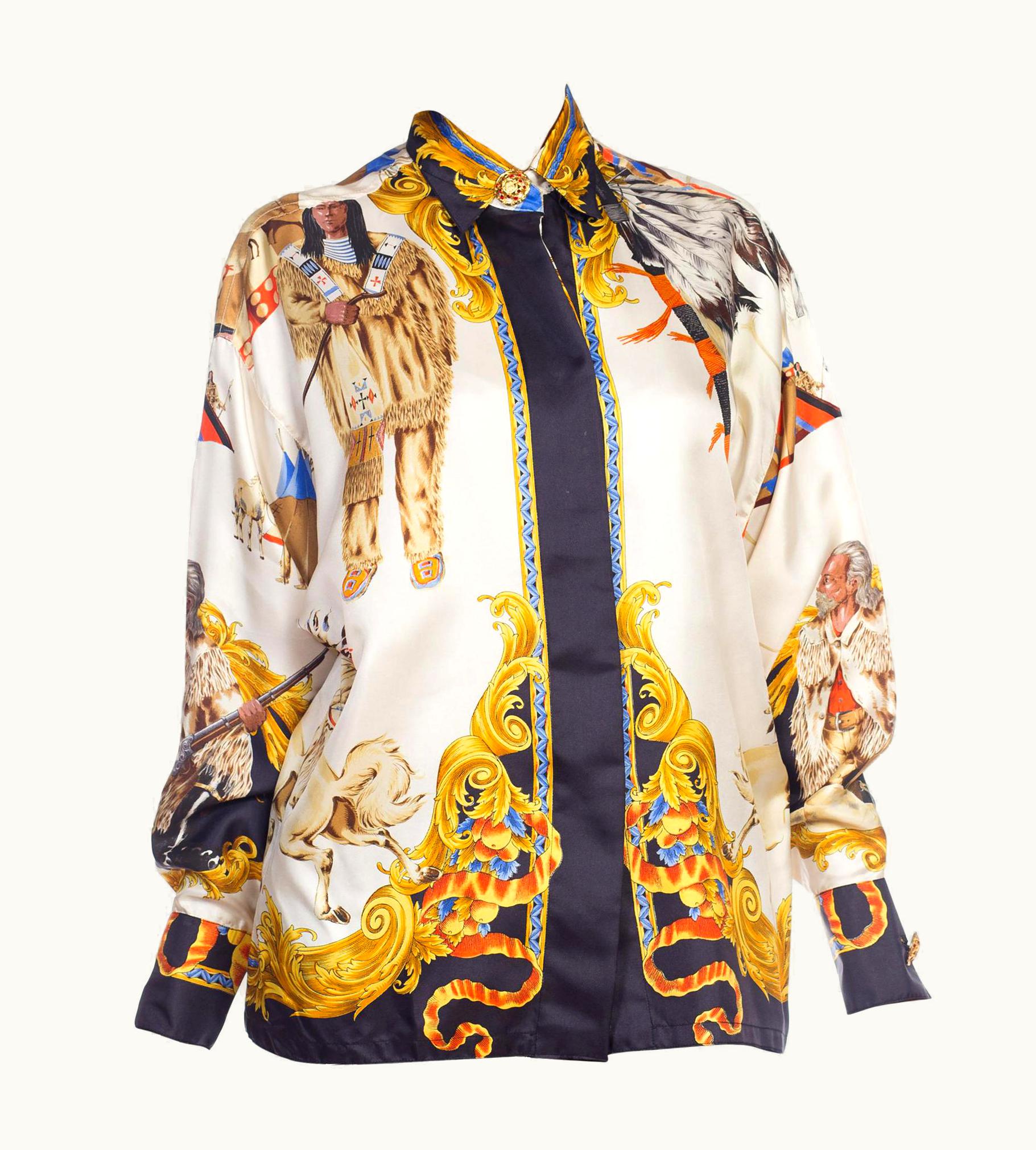 Gianni Versace Couture 1990s Gianni Versace Silk Native American Buffalo Bill Shirt