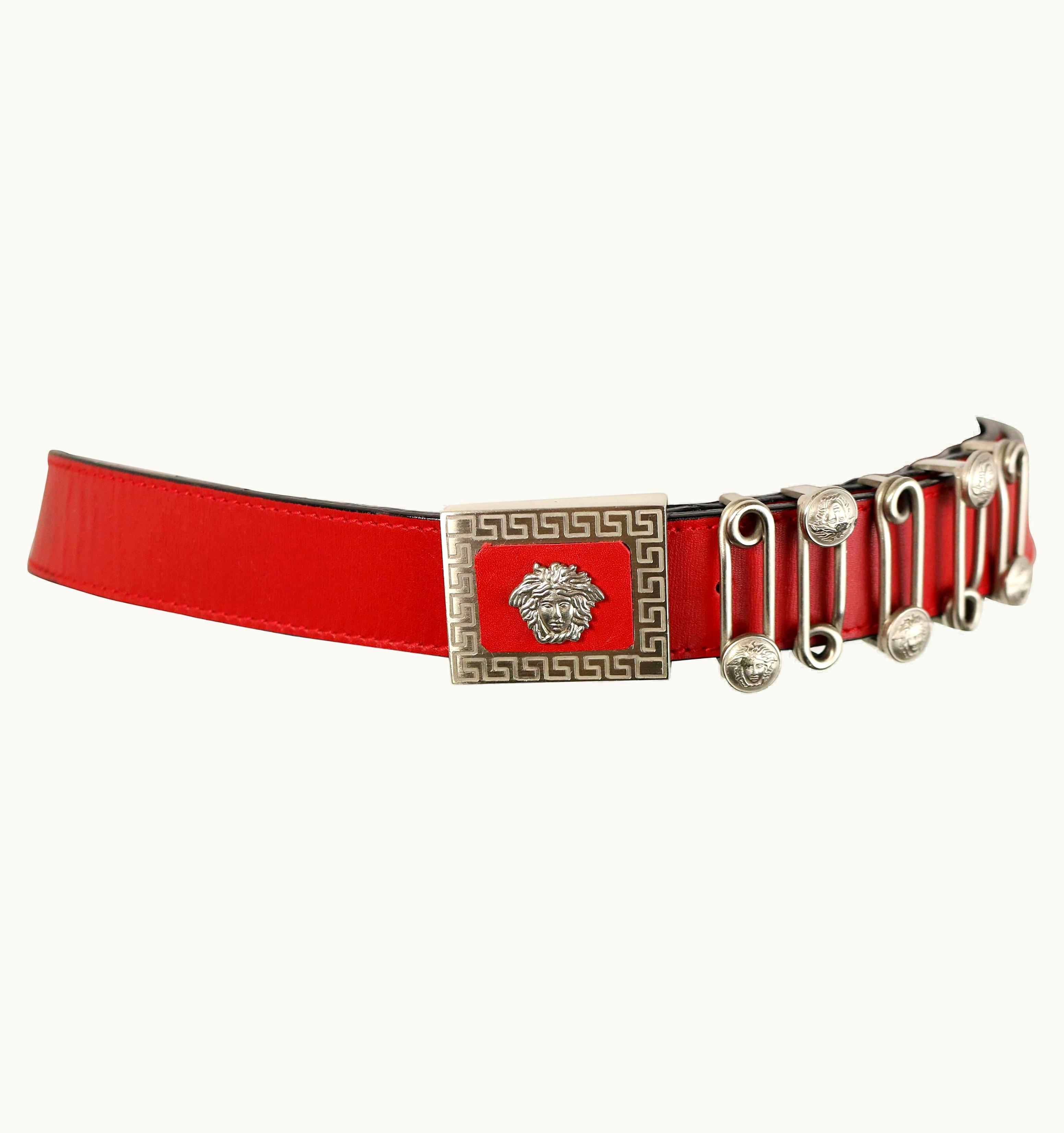 Gianni Versace Couture Vintage 90s Gianni Versace Red Leather Silver Medusa Pin Belt