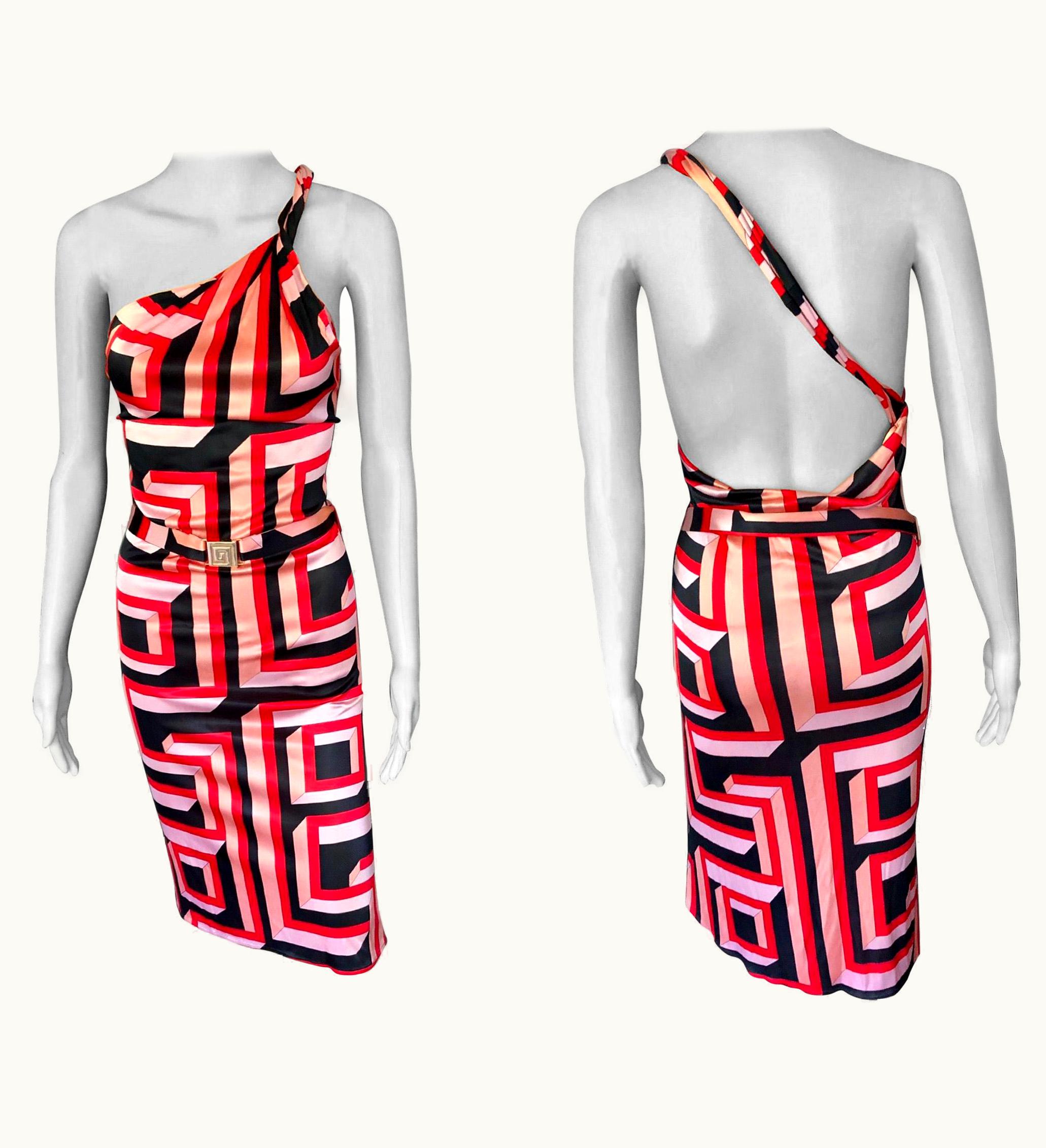 Gianni Versace Couture Gianni Versace S/S 2001 Vintage Geometric Print Belted Open Back Dress