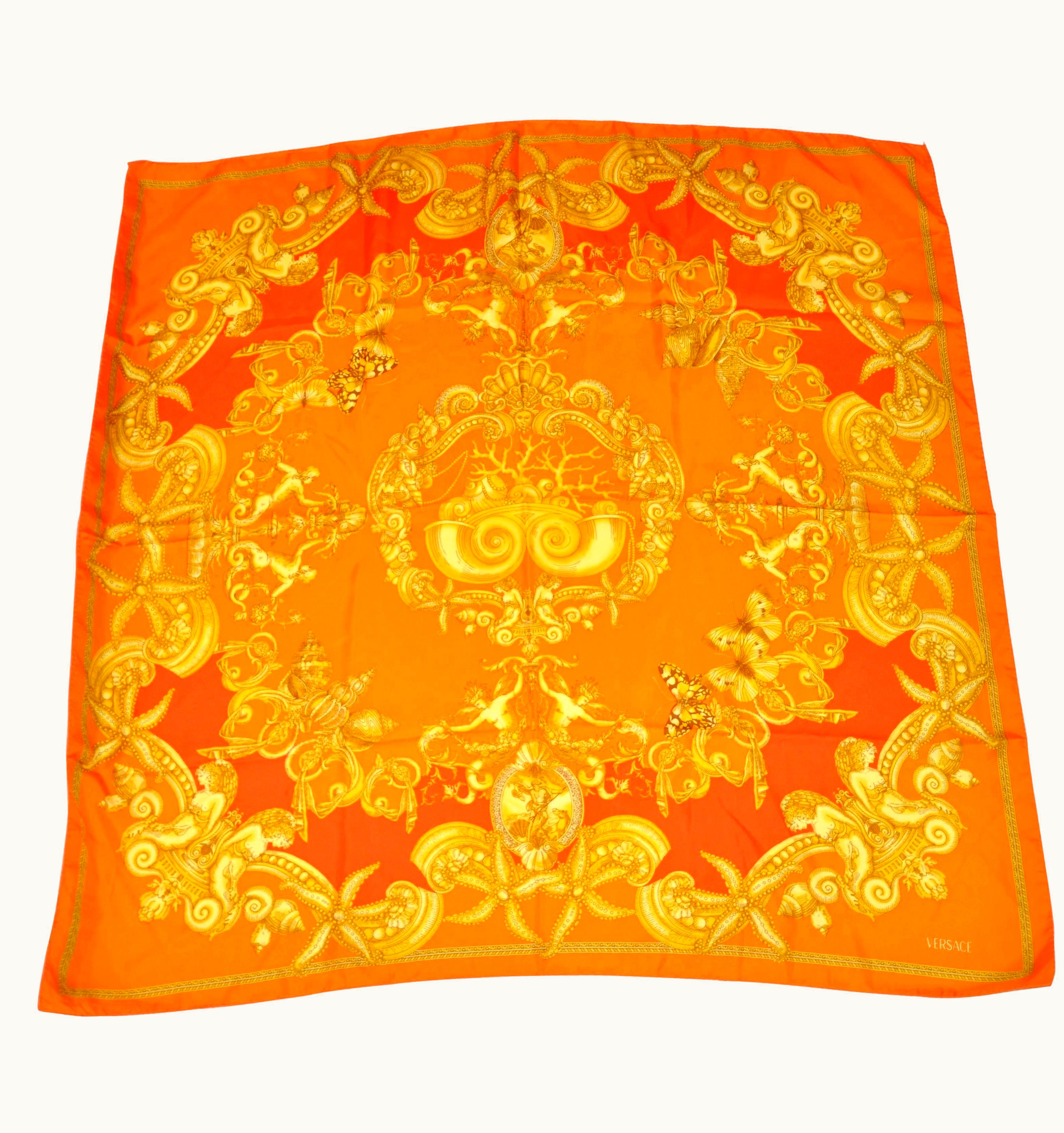 Gianni Versace Couture Gianni Versace Bold And VIvid Shades Of Tangerines And Gold Silk Scarf