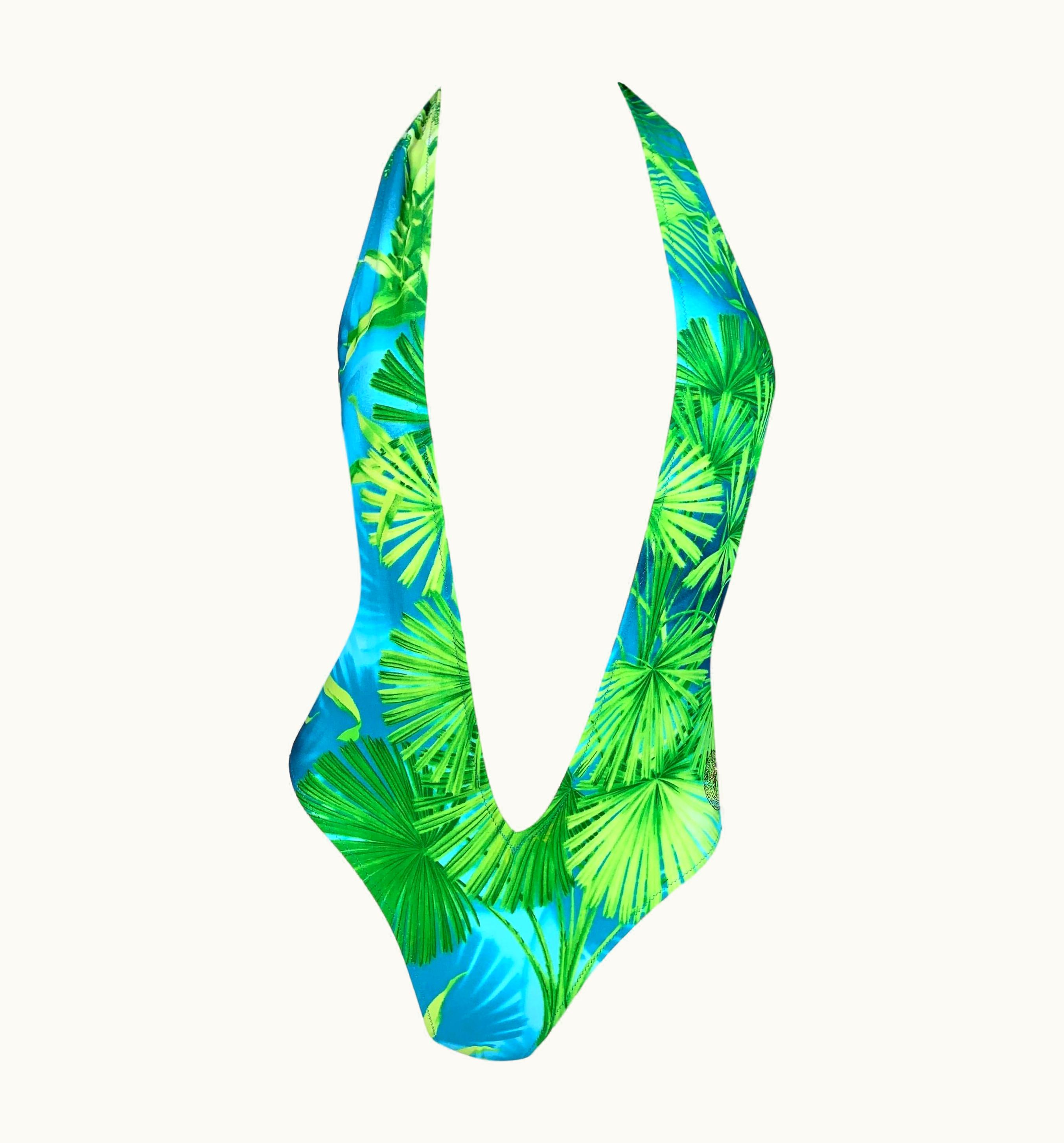 Gianni Versace Couture S/S 2000 Gianni Versace Famed Palm Tree Print Plunging Swimsuit Bodysuit