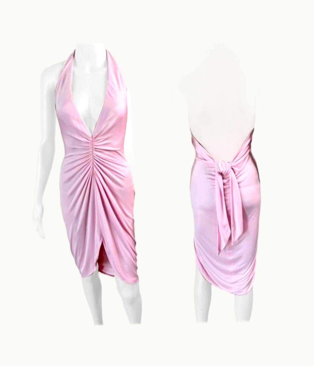 Versace Versace S/S 2005 Runway Plunging Hi-Low Ruched Open Back Pink Dress