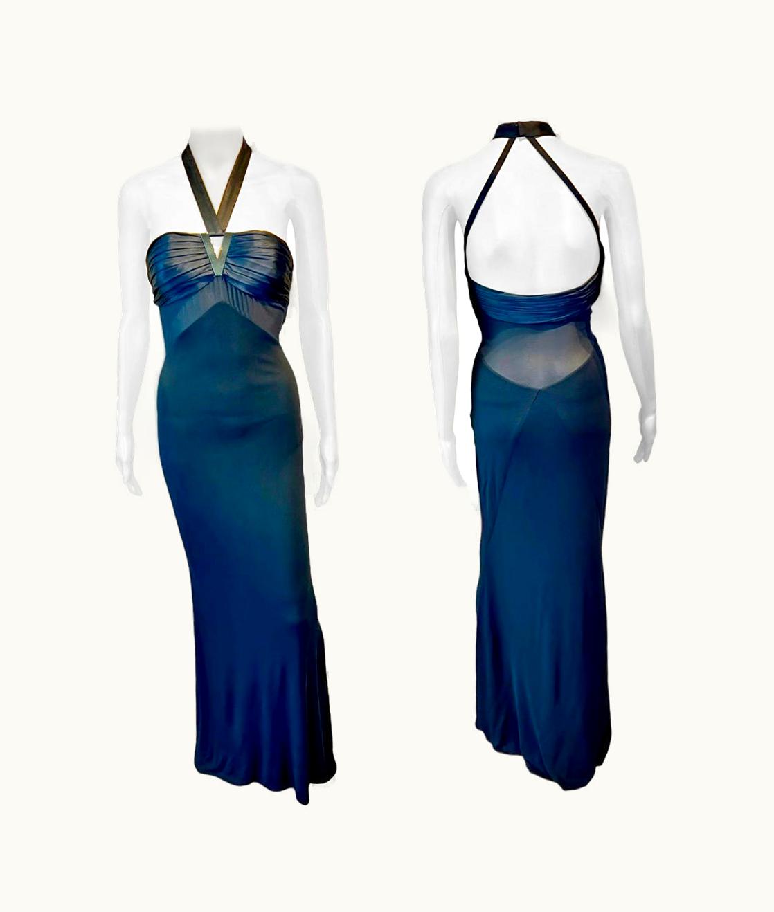 Versace AW 2006 Halter Cutout Sheer Panels Bodycon Black Evening Dress Gown