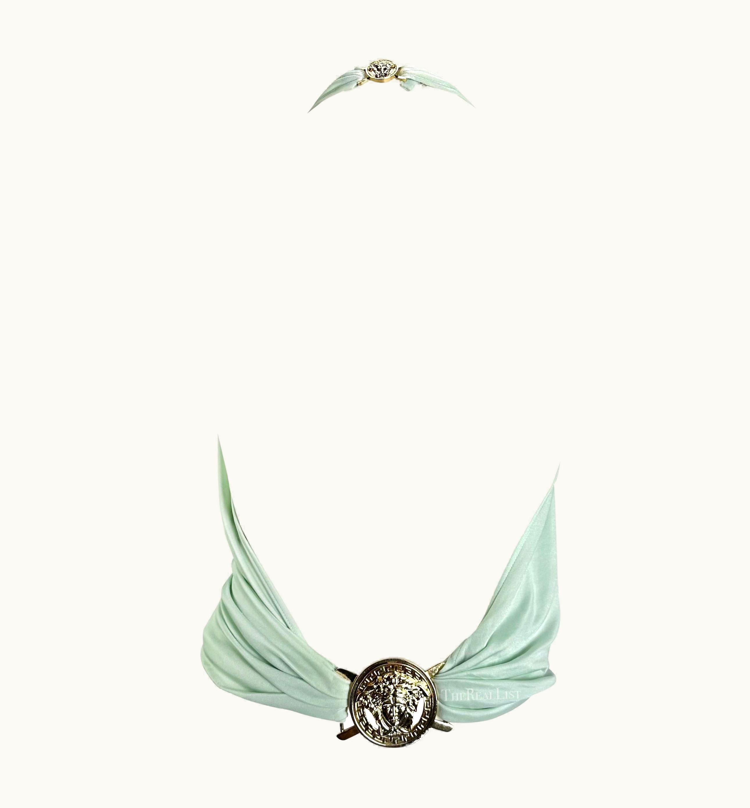 Versace S/S 2005 Versace By Donatella Medusa Medallion Backless Halter Top Blue Blouse