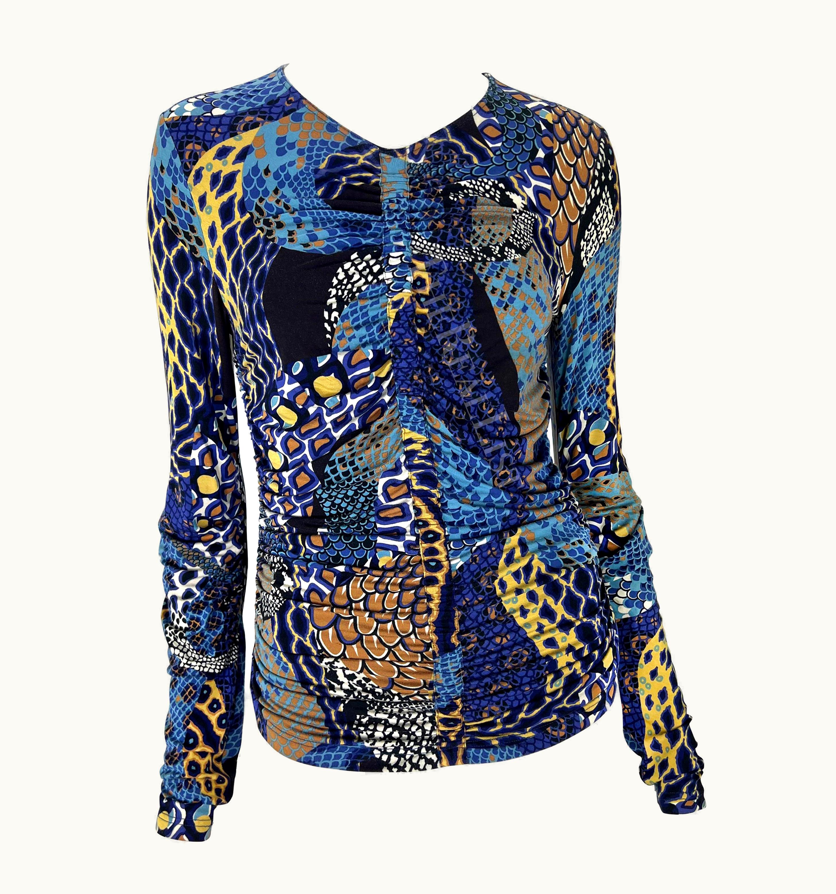 Versace AW 2005 Versace By Donatella Ruched Stretch Snake Print Long Sleeve Top