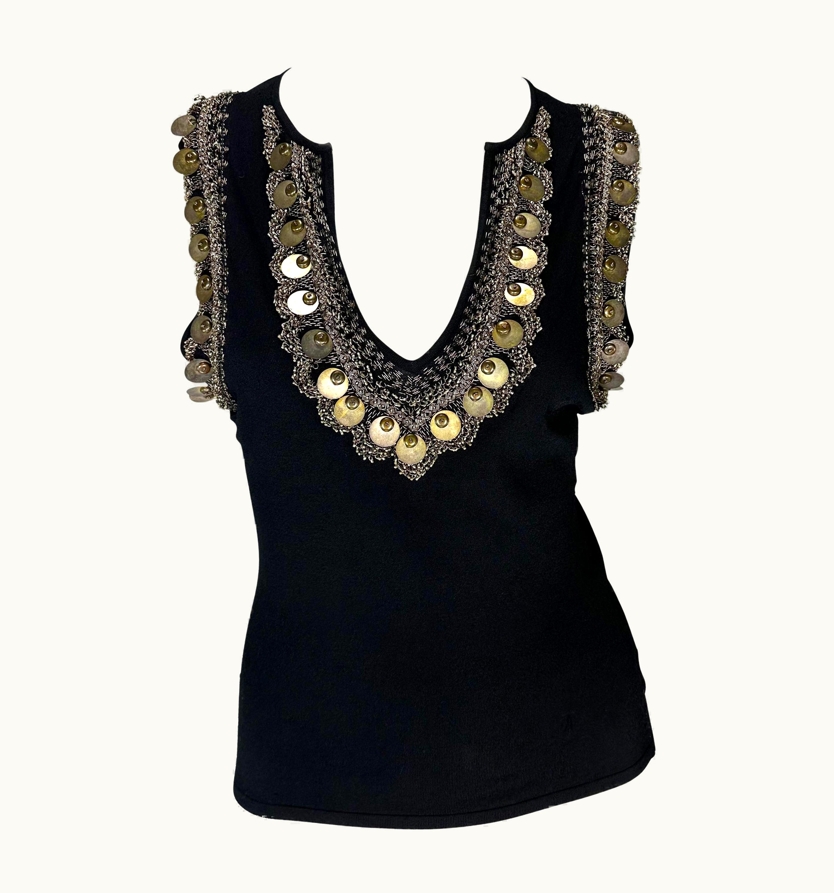 Versace S/S 2004 Versace By Donatella Brass Embroidered Beaded Black Knit Plunging Top
