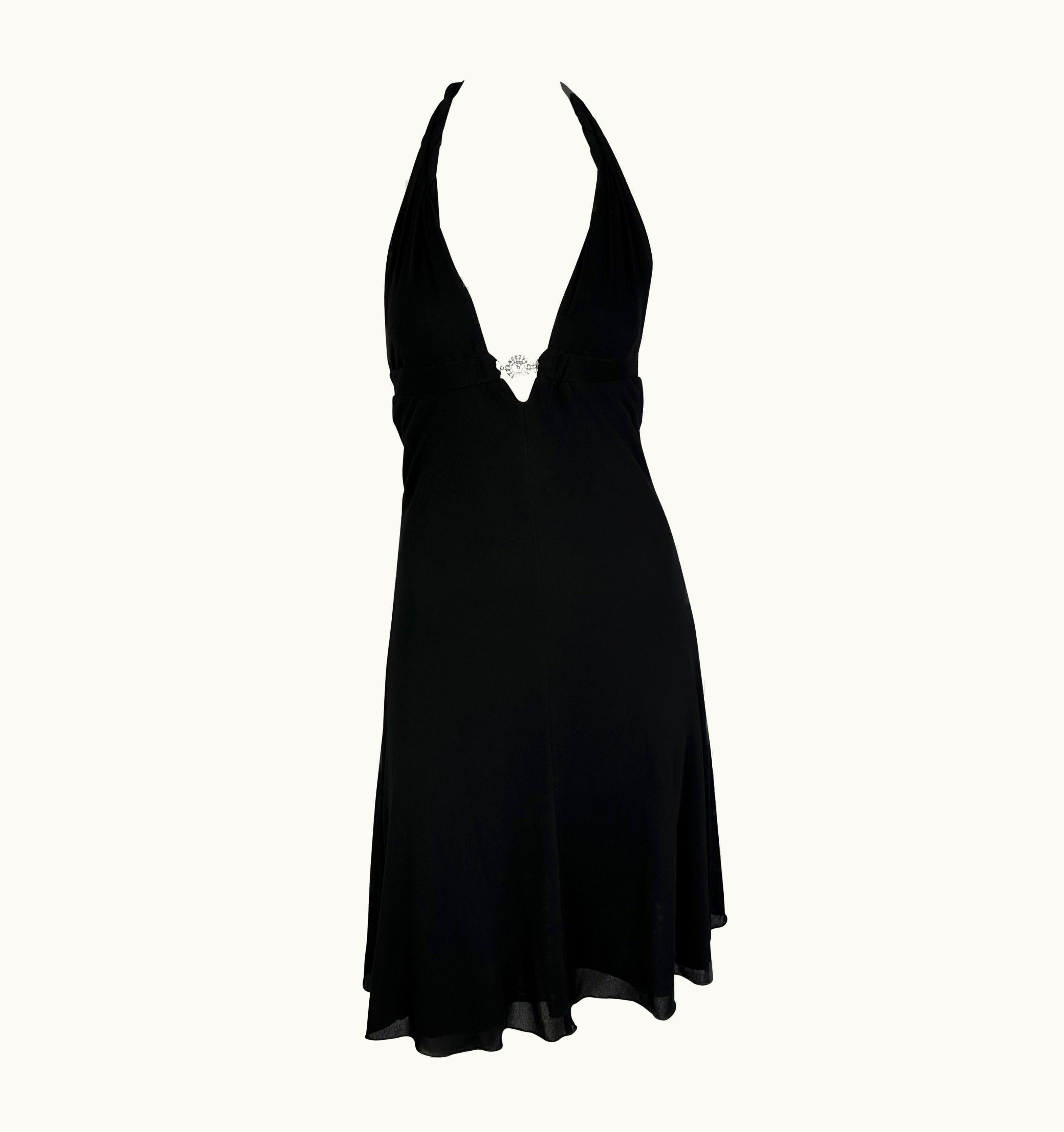 Versace S/S 2007 Versace By Donatella Rhinestone Medusa Black Halter Flare Mini Dress
