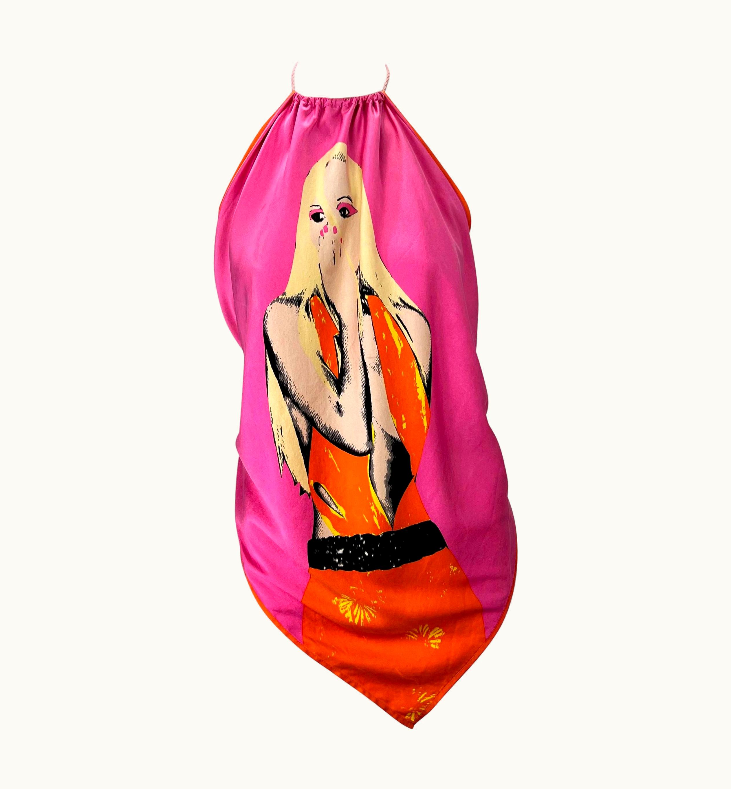 Versace S/S 2004 Versace By Donatella Pink Pop Art Silk Scarf Tassel Blouse