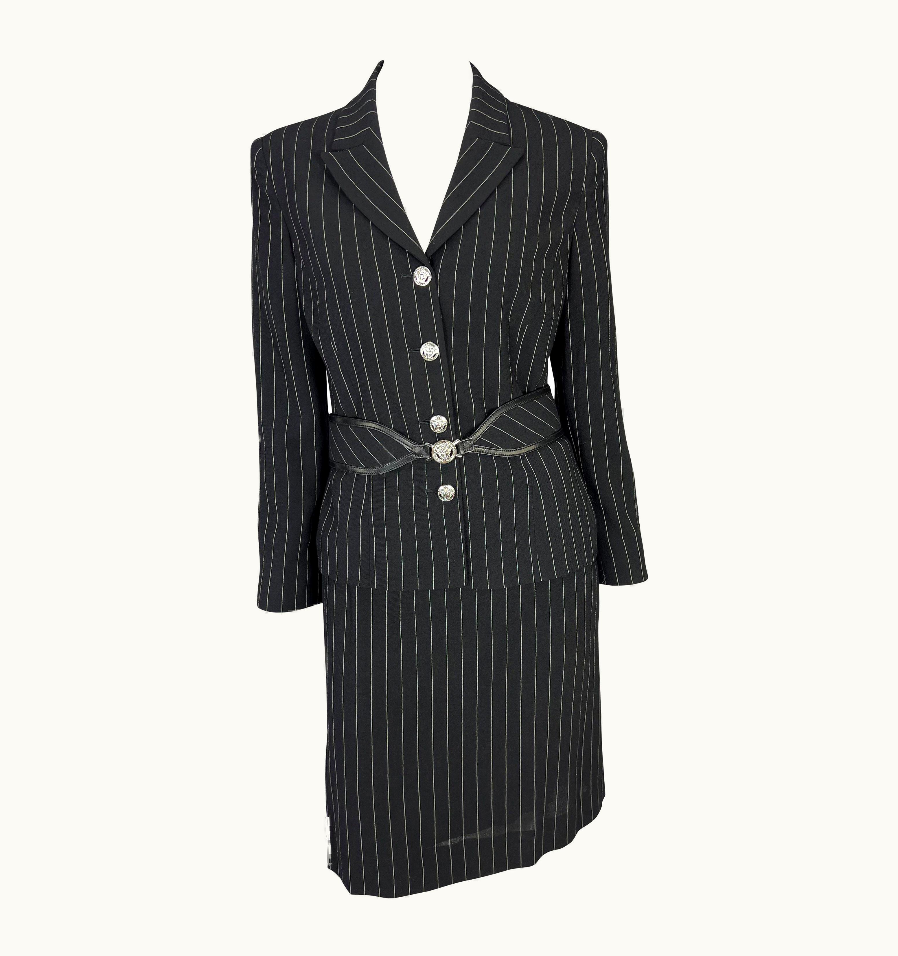 Versace 2000s Versace By Donatella Black Wool Blend Pinstripe Medusa Belted Suit