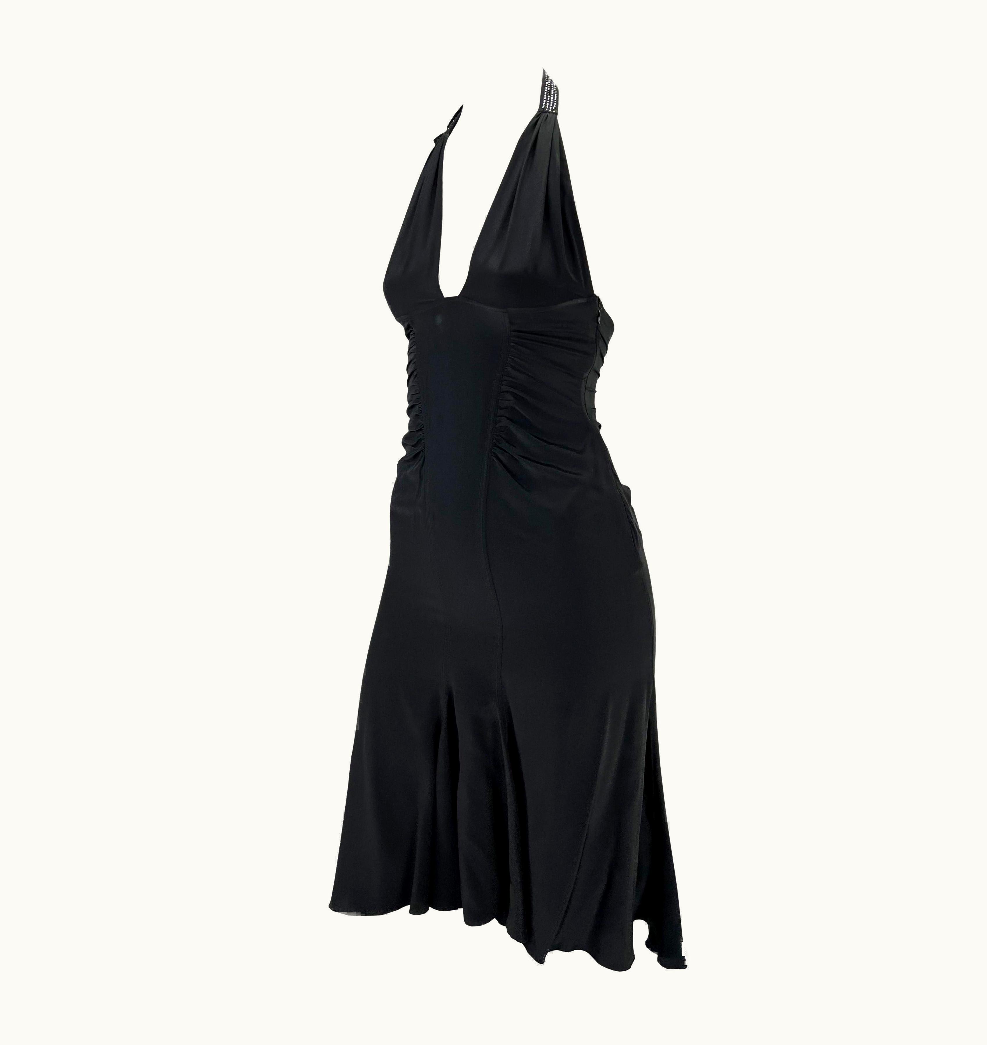 Versace S/S 2004 Versace By Donatella Backless Rhinestone Strap Ruched Silk Black Dress