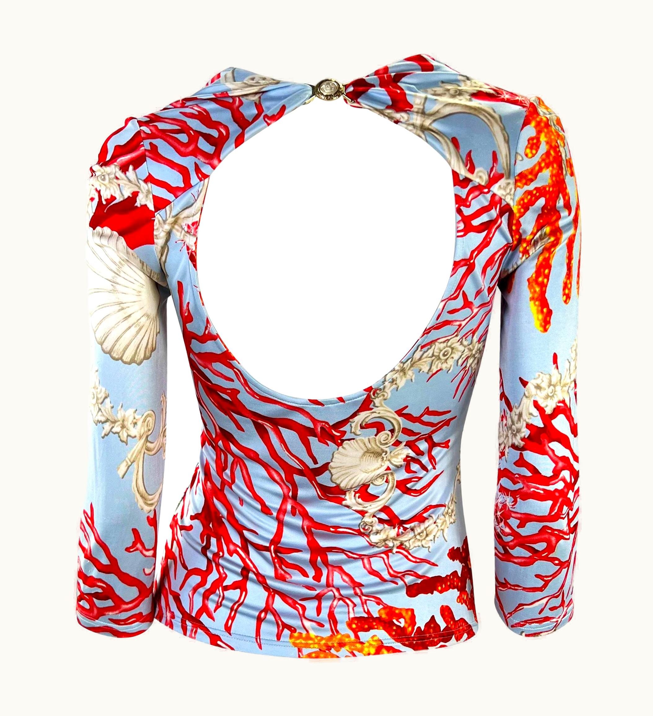 Versace S/S 2005 Versace By Donatella Blue Coral Print Medusa Buckle Viscose Top
