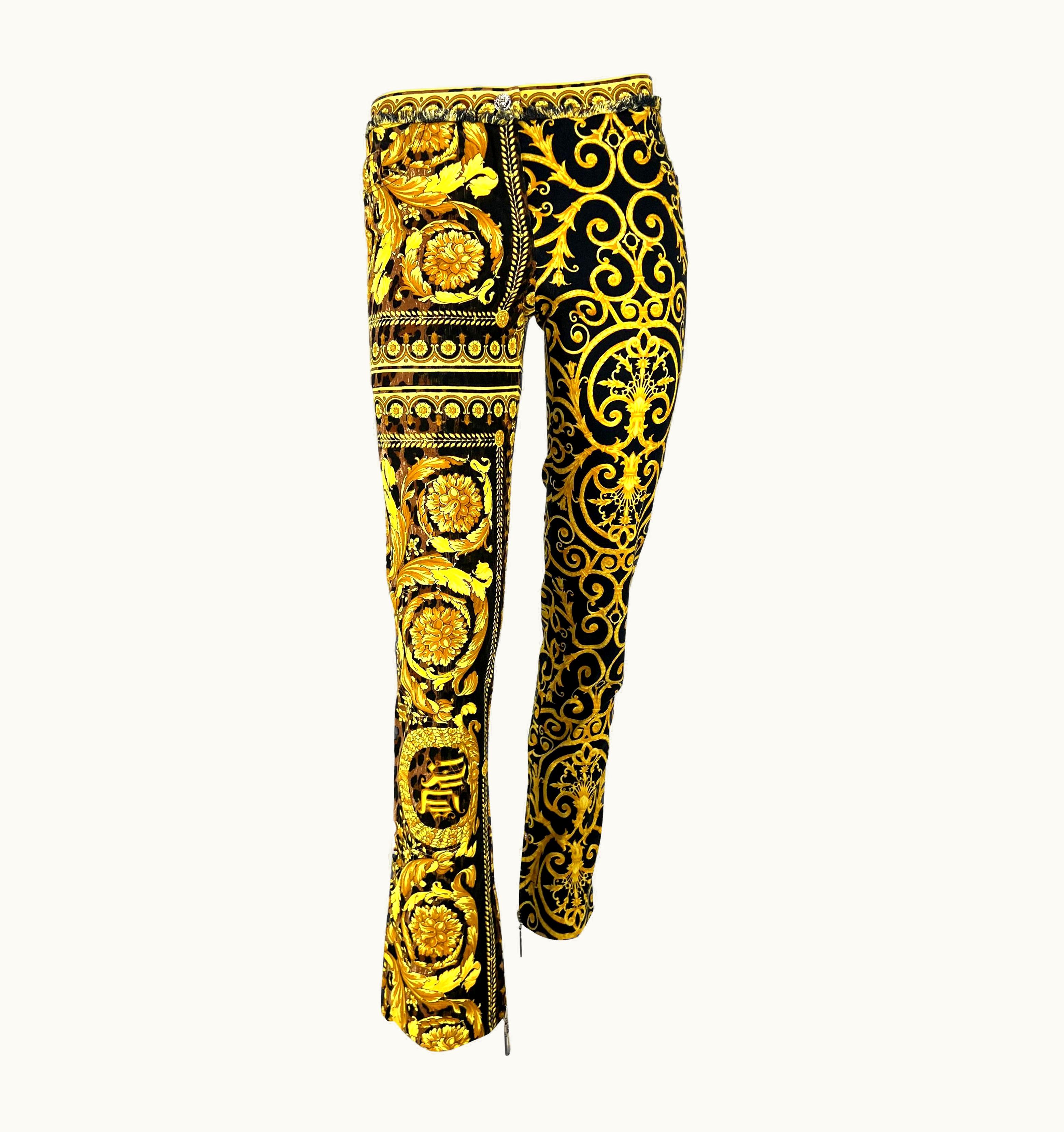Versace S/S 2005 Versace By Donatella Chaos Couture Gold Leopard Baroque Print Jeans