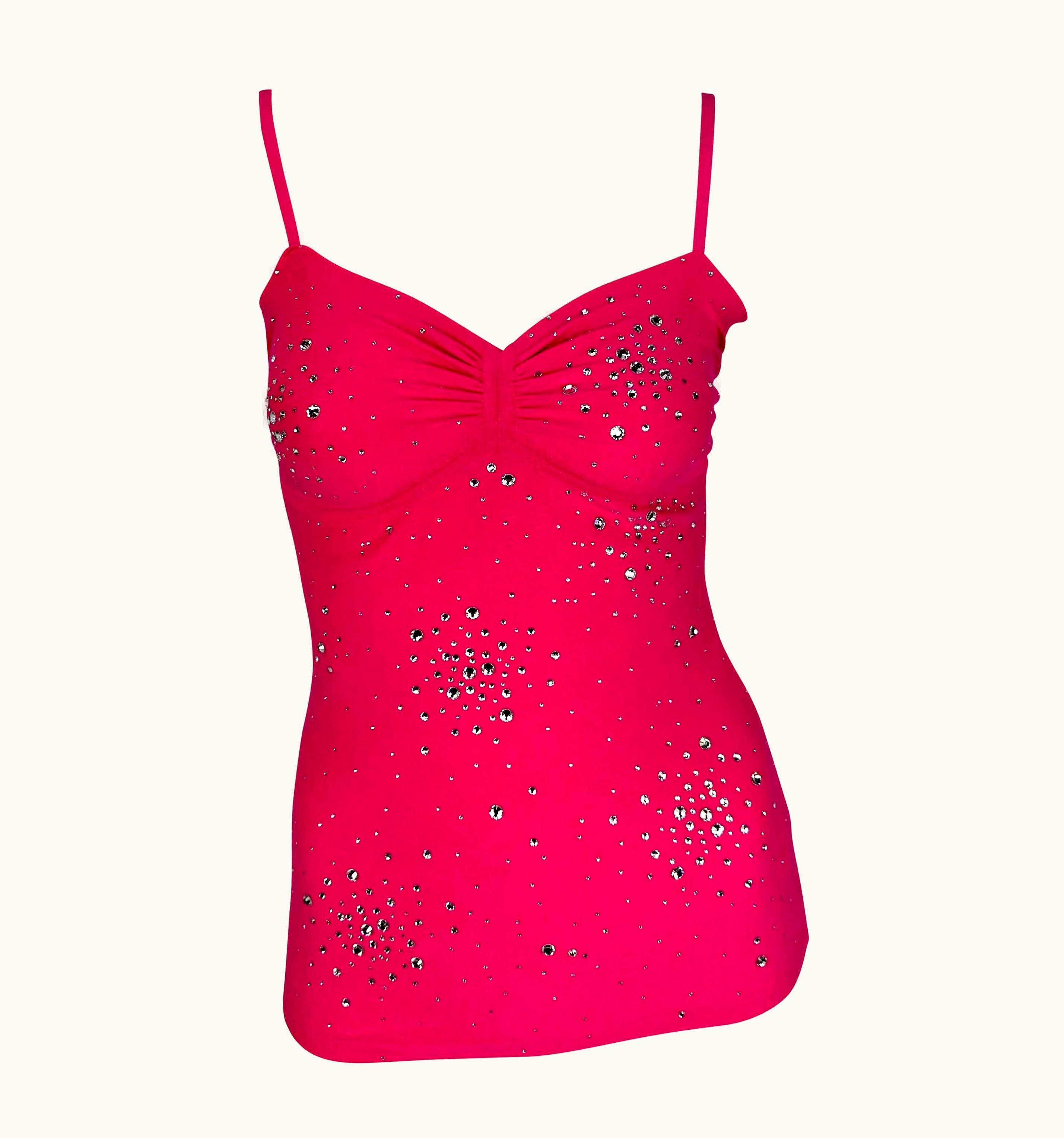 Versace S/S 2004 Versace By Donatella Hot Pink Rhinestone Stretch Knit Tank Top