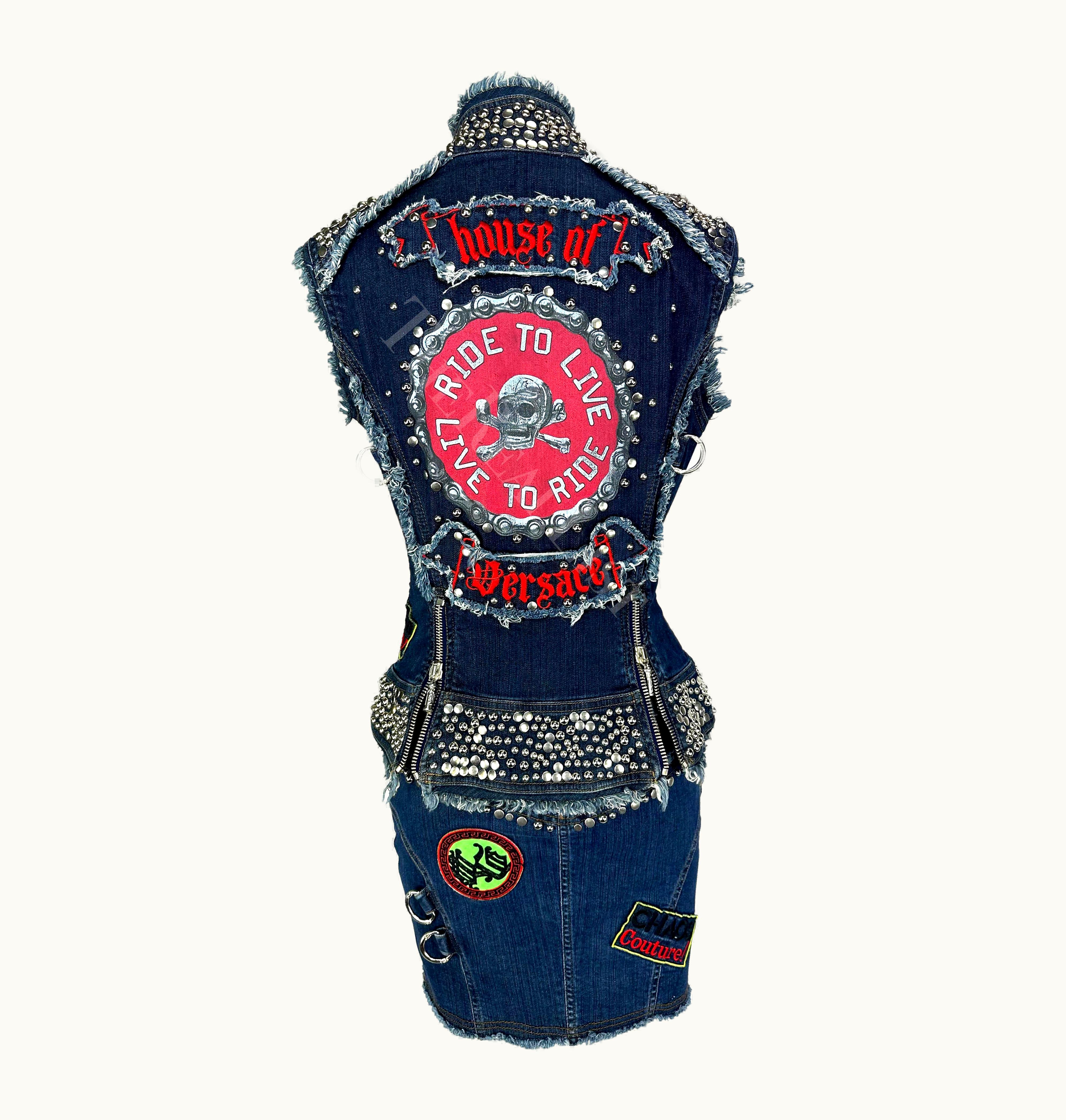 Versace S/S 2005 Versace By Donatella Chaos Couture Studded Denim Patch Vest Skirt Set