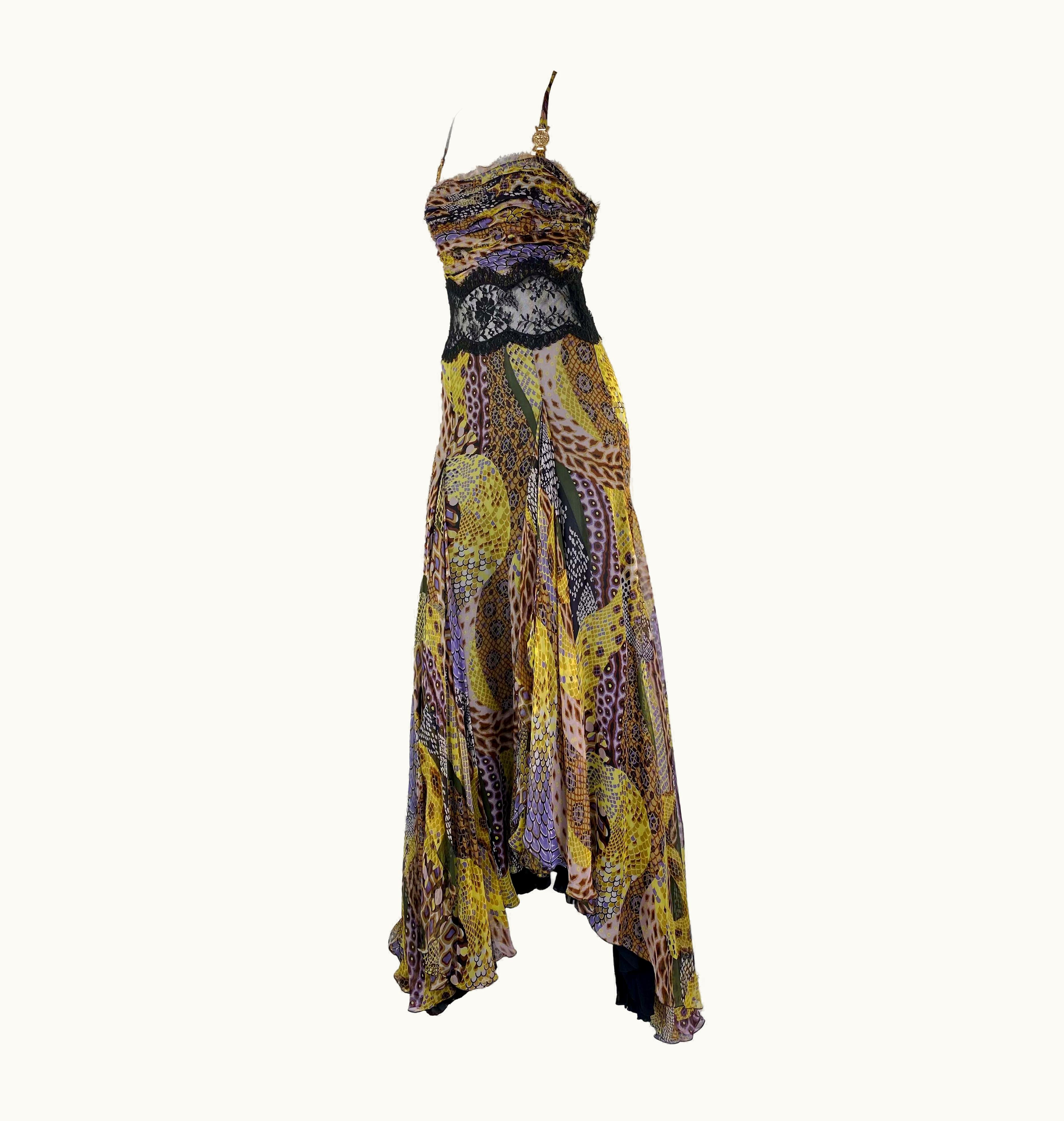 Versace AW 2005 Versace By Donatella Medusa Medallion Snake Print Sheer Lace Gown