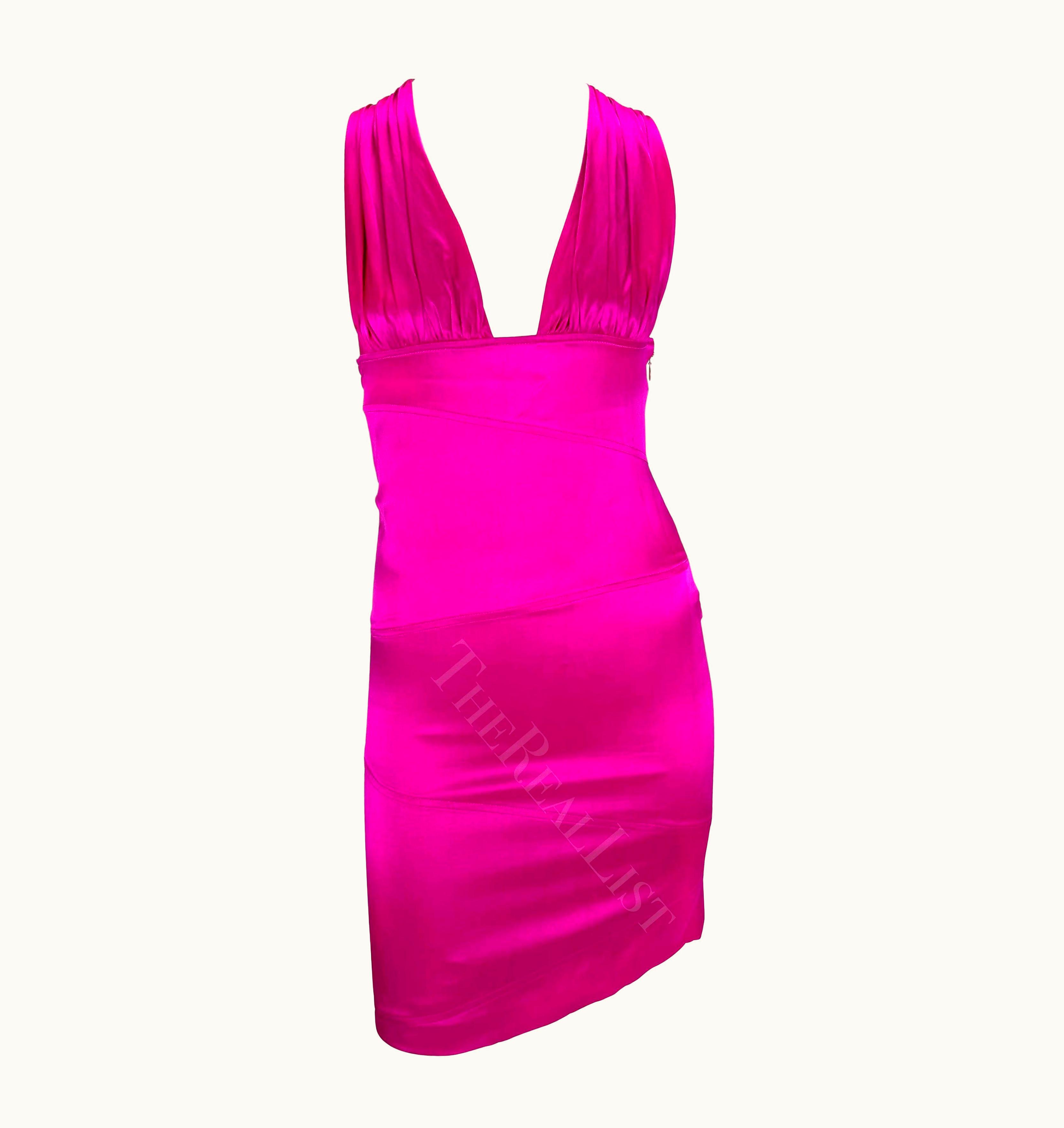 Versace AW 2004 Versace By Donatella Hot Pink Satin Mini Strap Backless Bodycon Dress