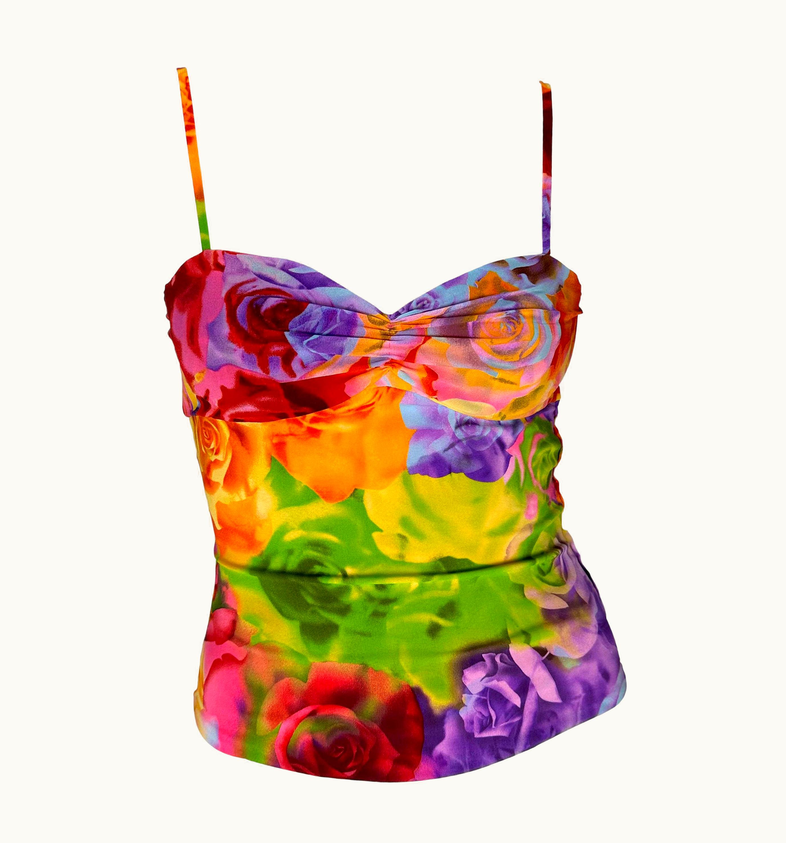 Versace S/S 2004 Versace By Donatella Neon Floral Print Medusa Cutout Bustier Crop Top